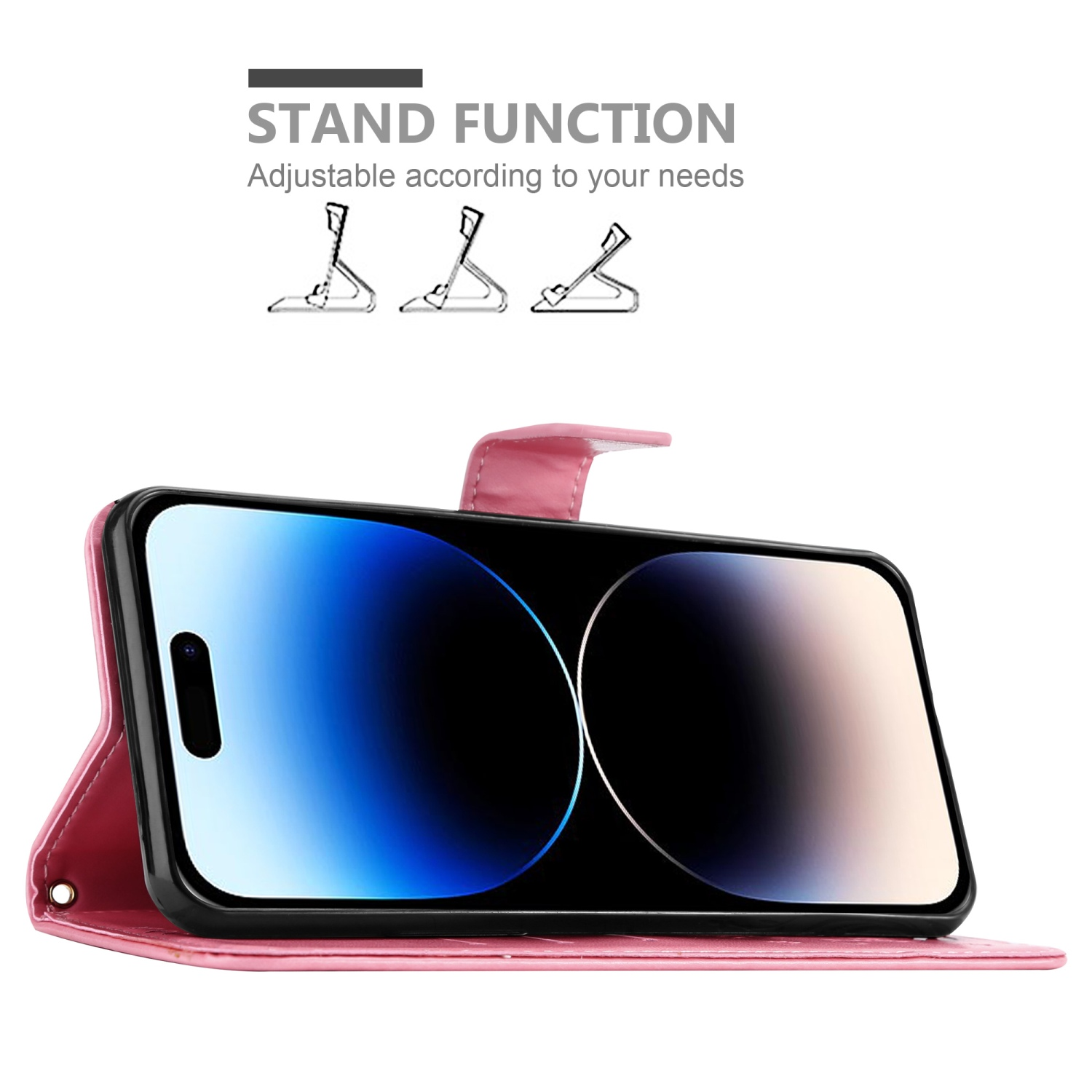 Ein Telefon in einer rosa Hülle, geöffnet und zeigt den Bildschirm. Es gibt Standfunktion-Illustrationen.