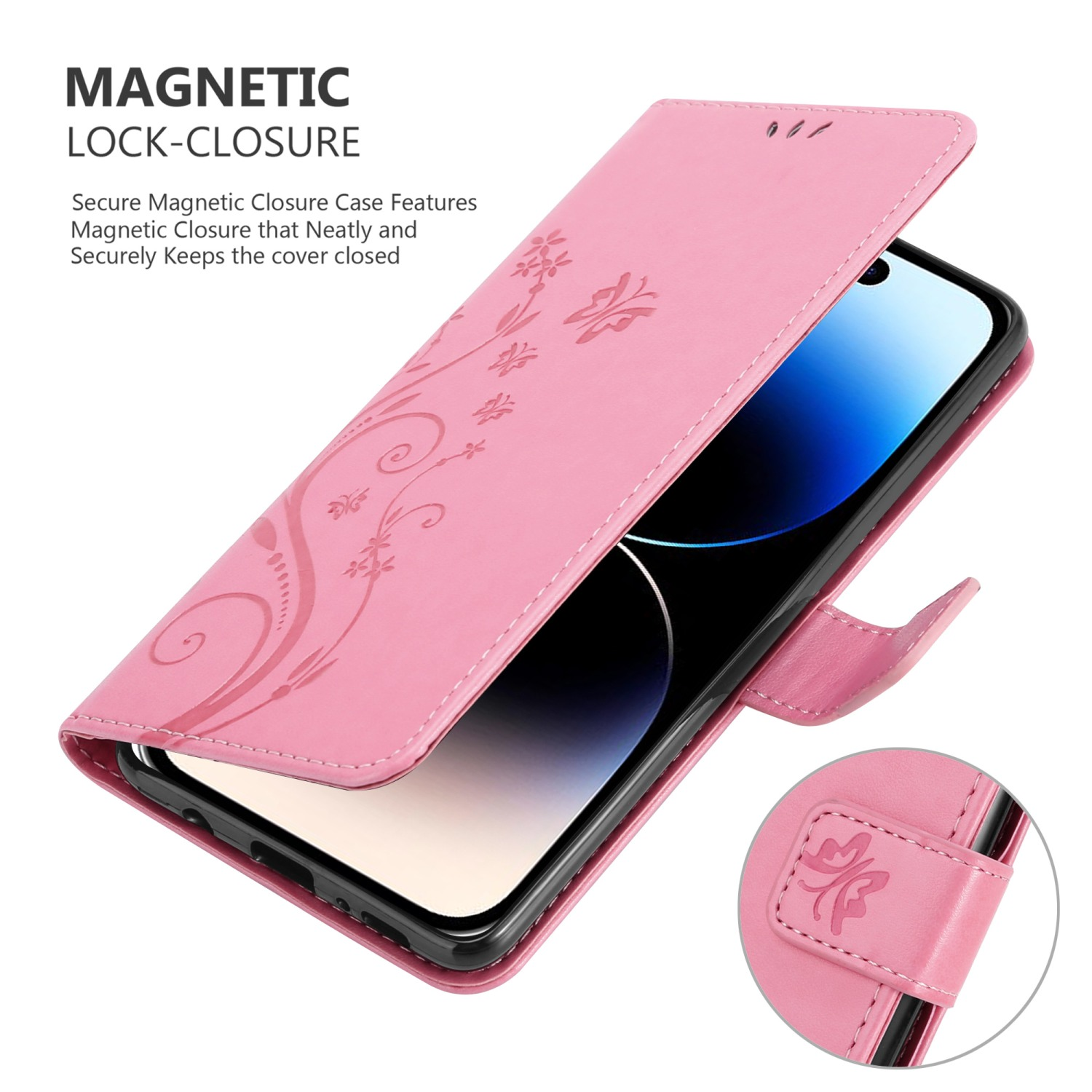Rosa Handyhülle mit floralem Design geöffnet, Bildschirm sichtbar.