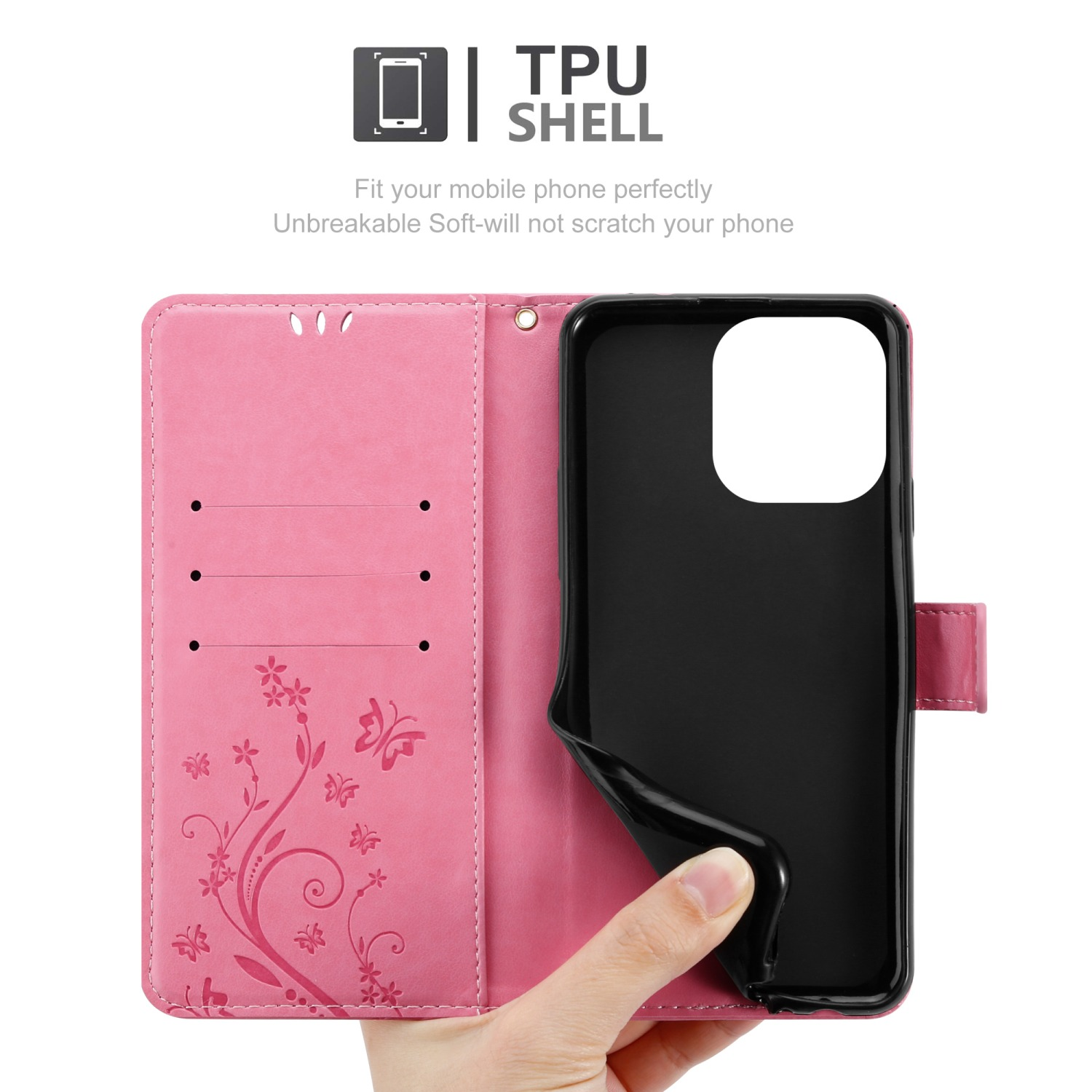 Eine pinkfarbene Handyhülle mit floralem Design und Schmetterlingsdetails, offen, mit einem schwarzen Telefon darin.