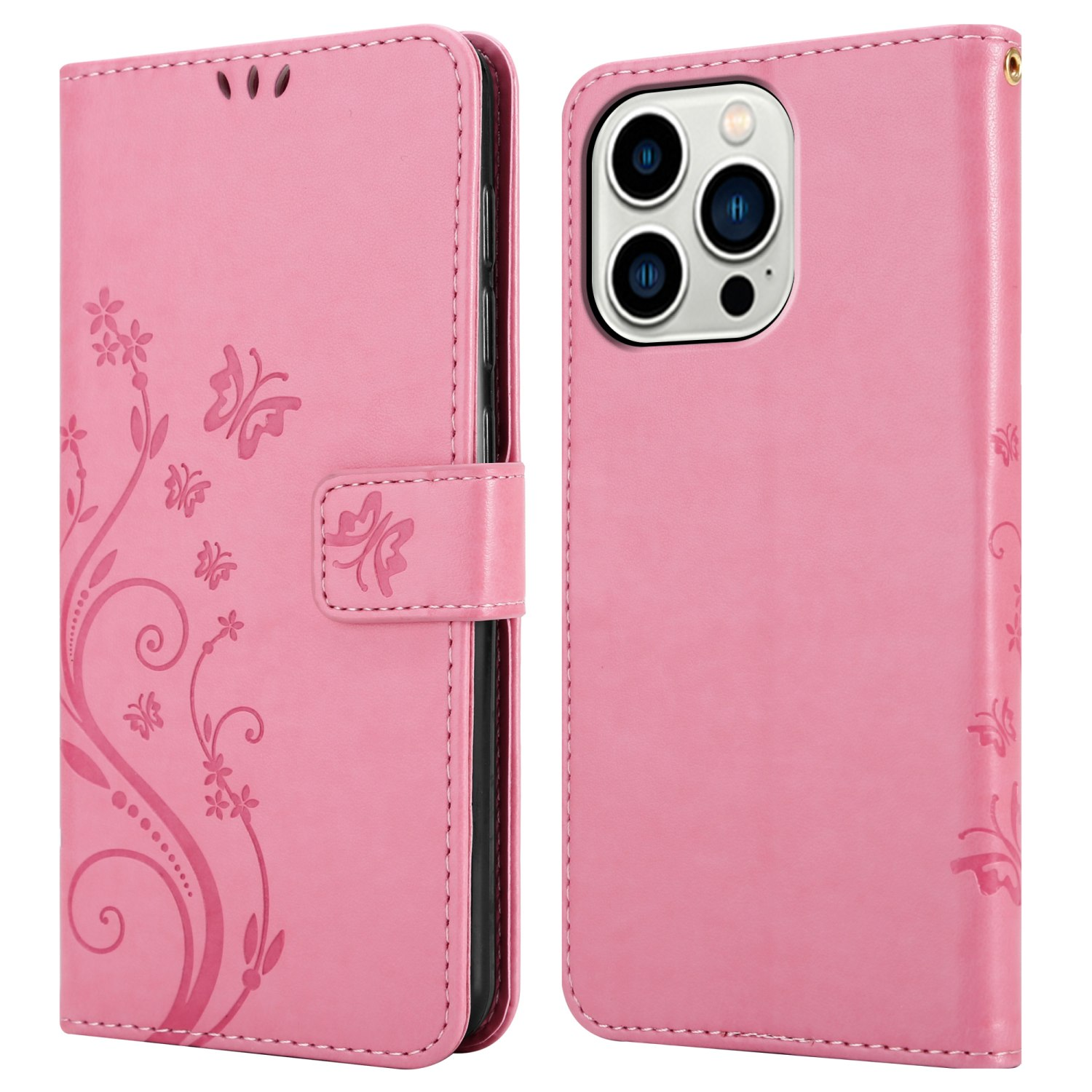 Eine pinkfarbene Handyhülle mit Blumendesign, offen auf weißem Hintergrund. Das Telefon ist nicht sichtbar.