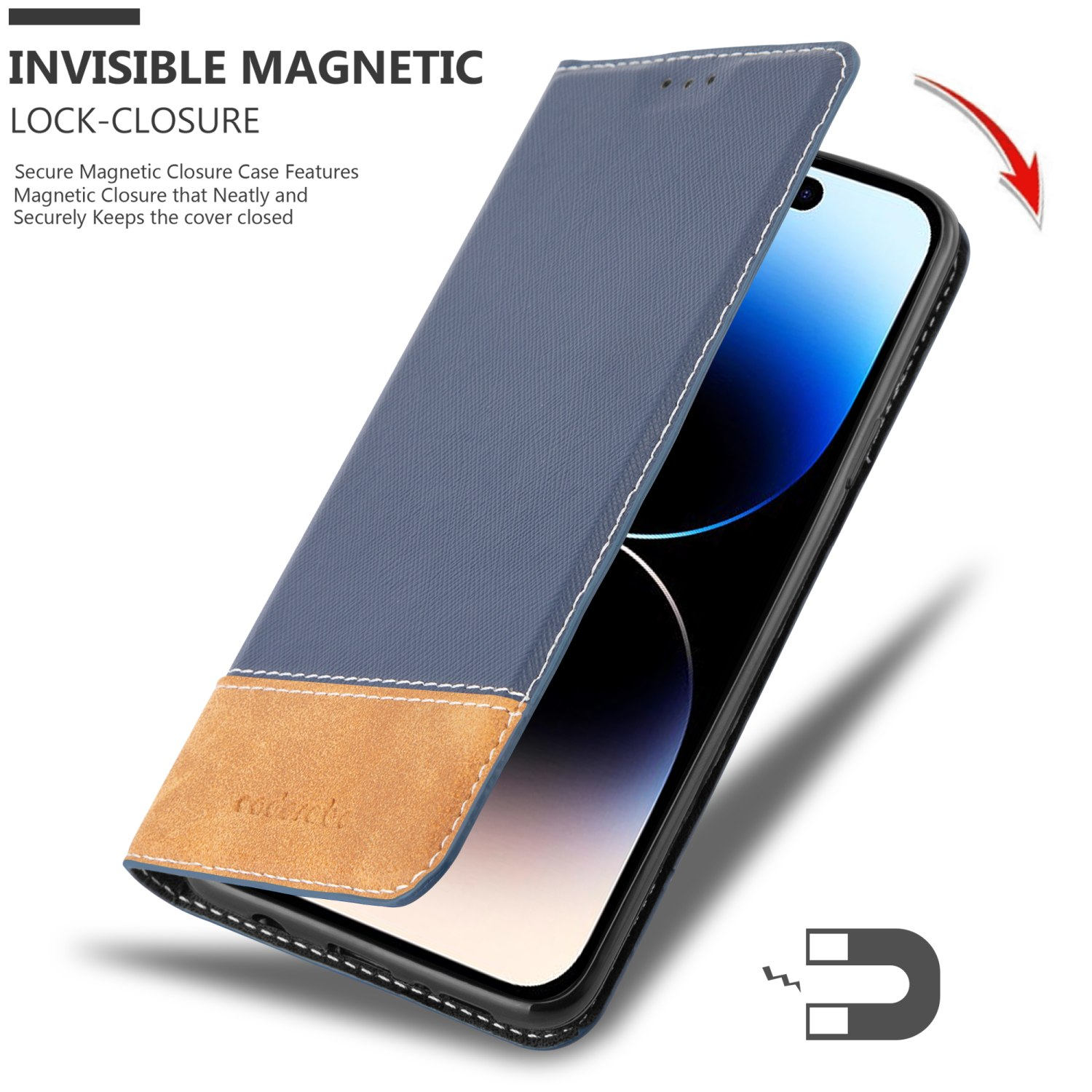 Blaue Handyhülle mit braunem Klappboden, offen, um den Bildschirm des Telefons freizugeben. Roter Pfeil und Magnet-Symbol.