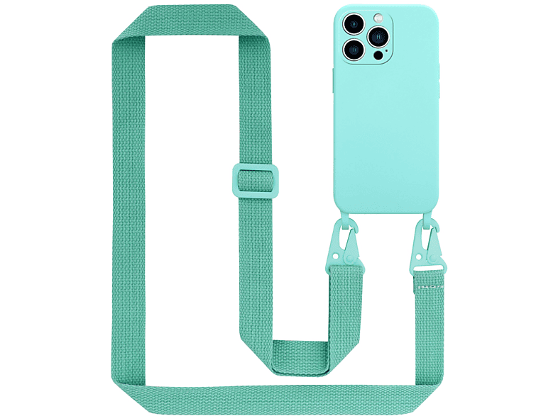 CADORABO Handy Kette Silikon Schutzhülle mit längen verstellbaren Kordel Band, Backcover, Apple, iPhone 14 PRO, LIQUID TÜRKIS