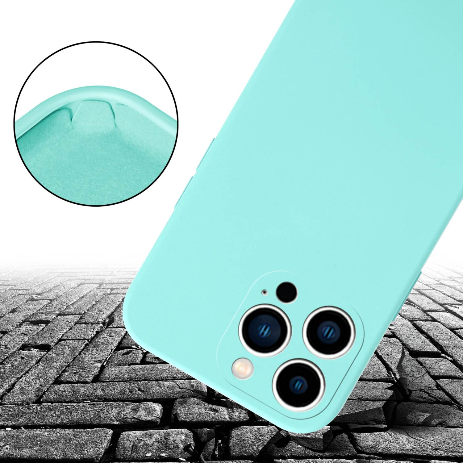 Eine blaue Handyhülle auf einer zerbrochenen Oberfläche. Das Telefon hat eine Kamera.