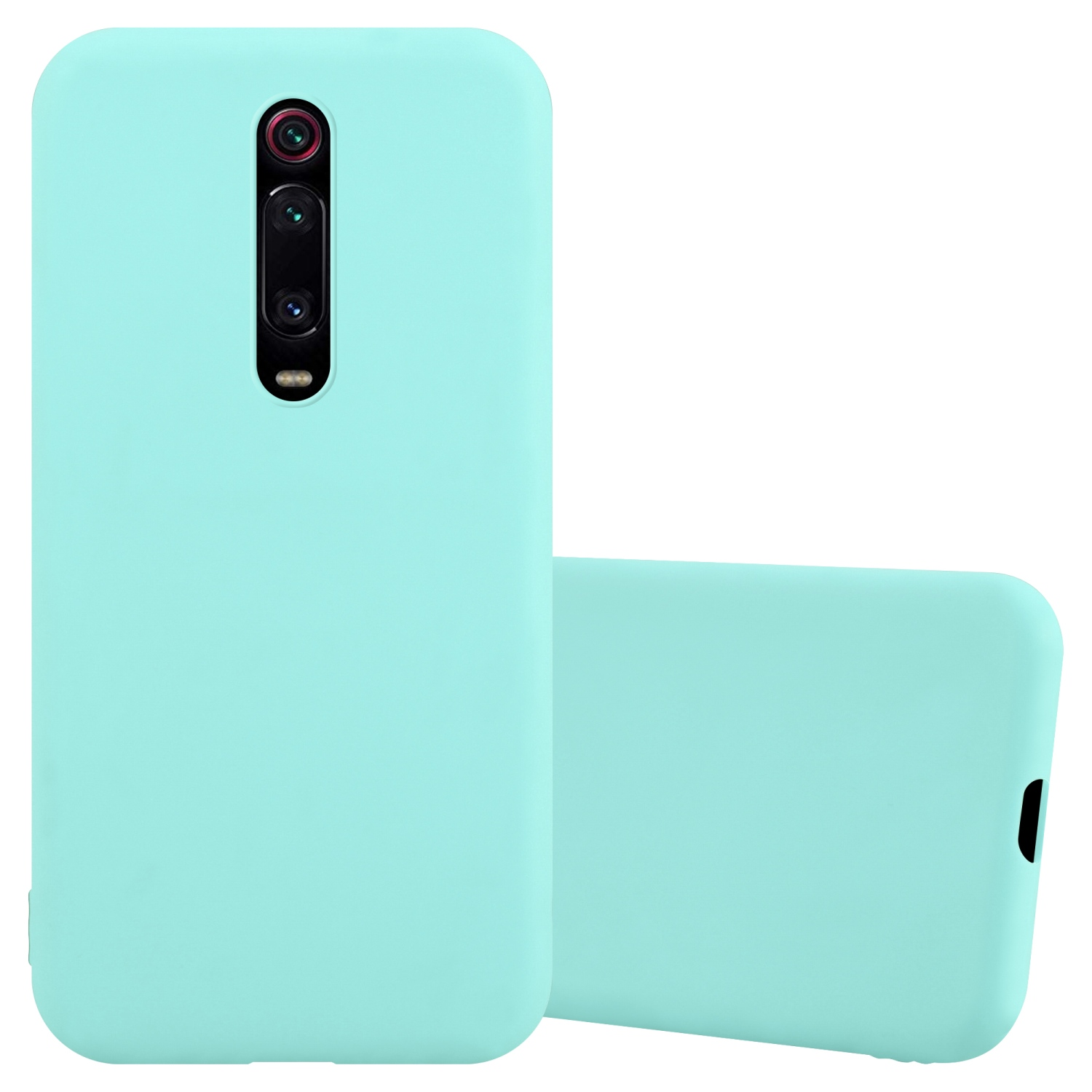 Minzgrünes Telefon und Hülle. Die Hülle hat Aussparungen für Kamera und Tasten.