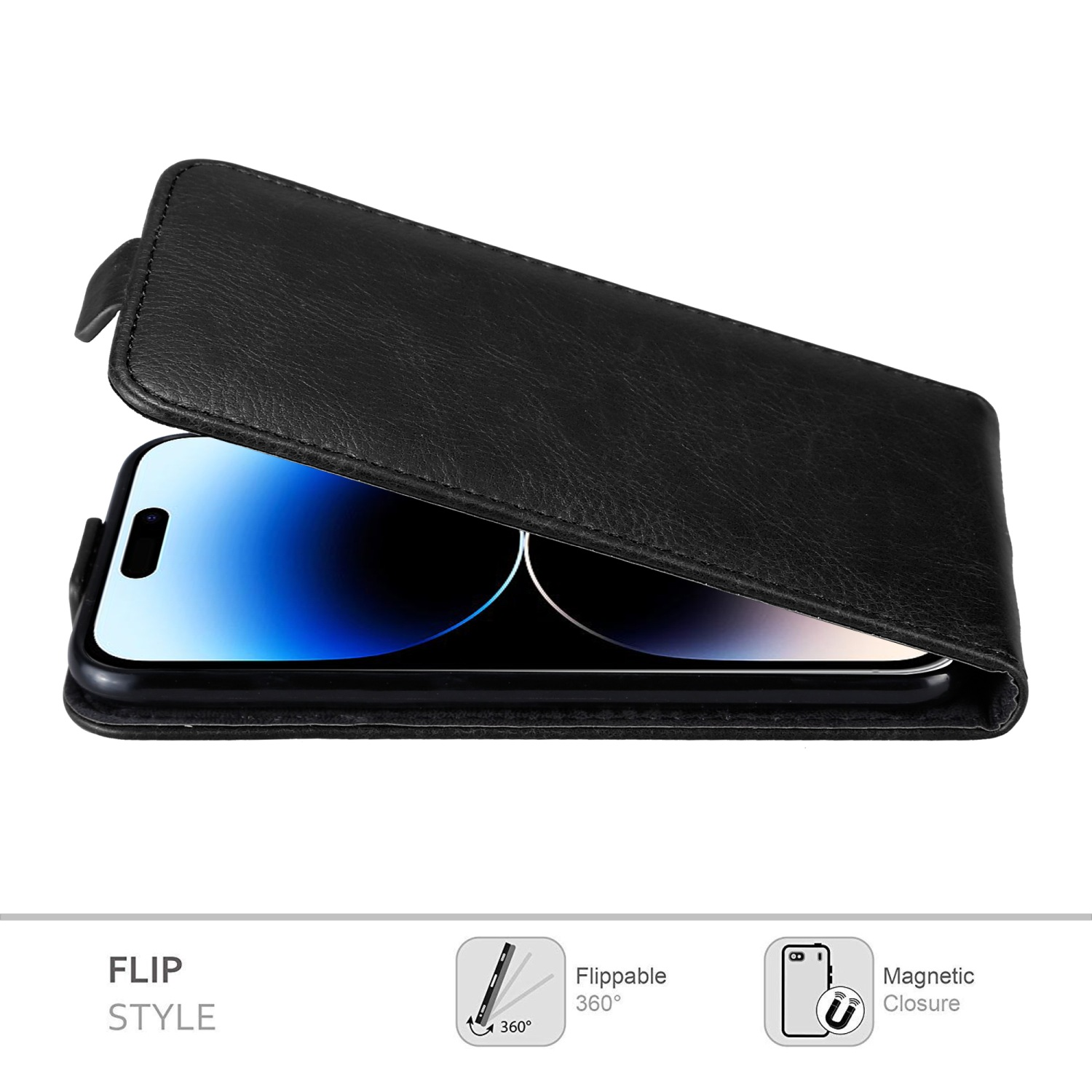 Schwarze Handyhülle mit Klappdeckel, hält ein Telefon. Der Hintergrund ist weiß.