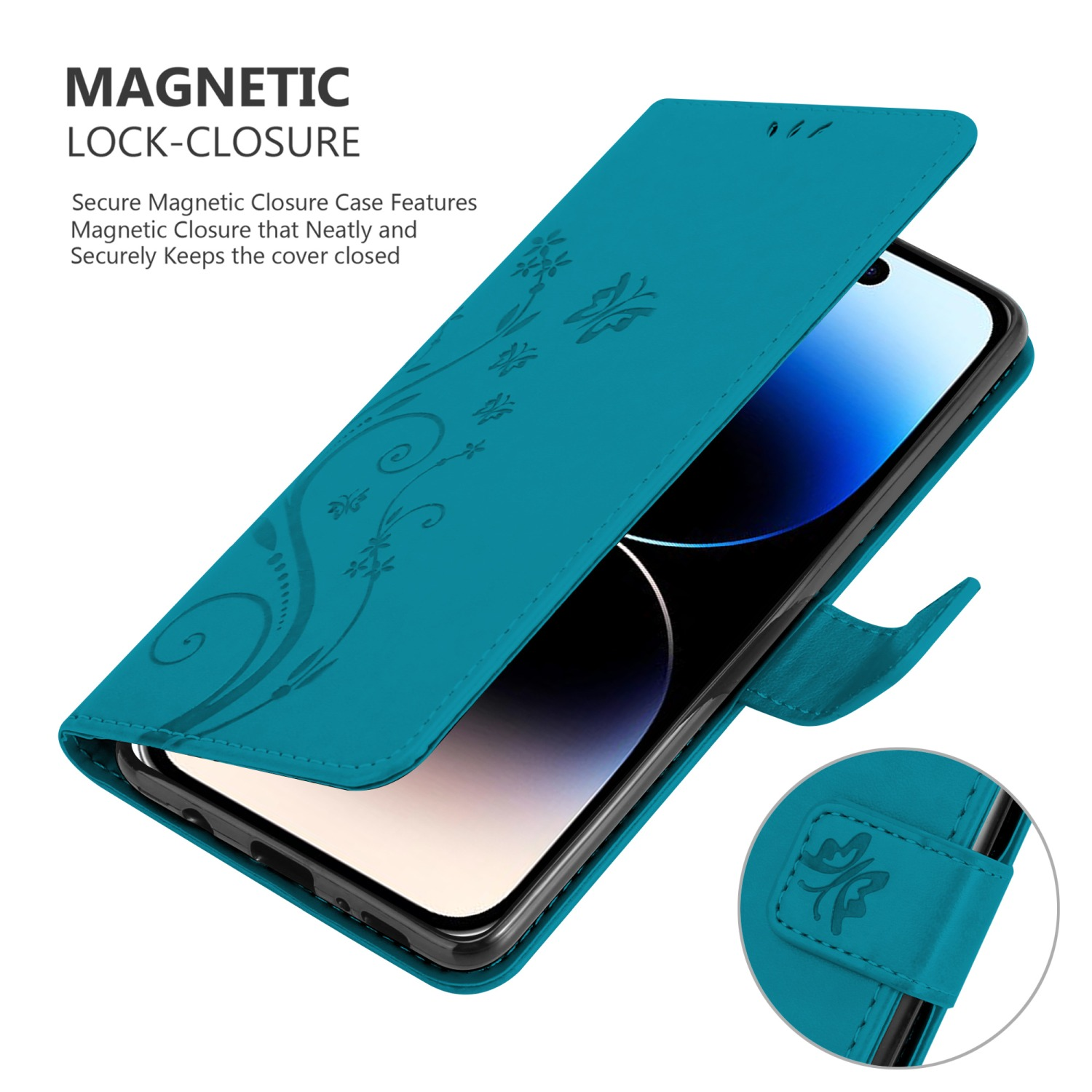 Eine türkisfarbene Handyhülle ist geöffnet und zeigt ein Telefon. Die Hülle hat florale Muster, und das Telefon zeigt einen Bildschirm.