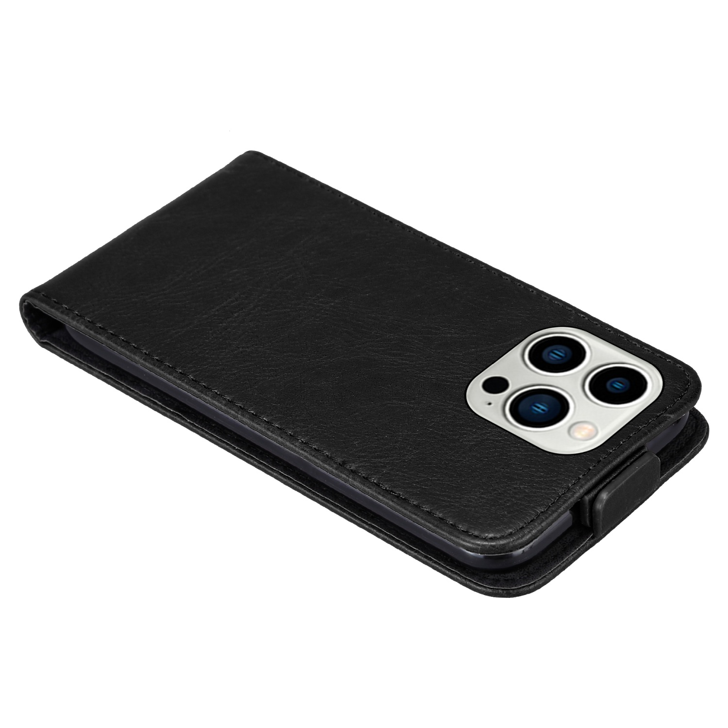 Schwarze Leder-Handyhülle. Das Telefon befindet sich in der Hülle.
