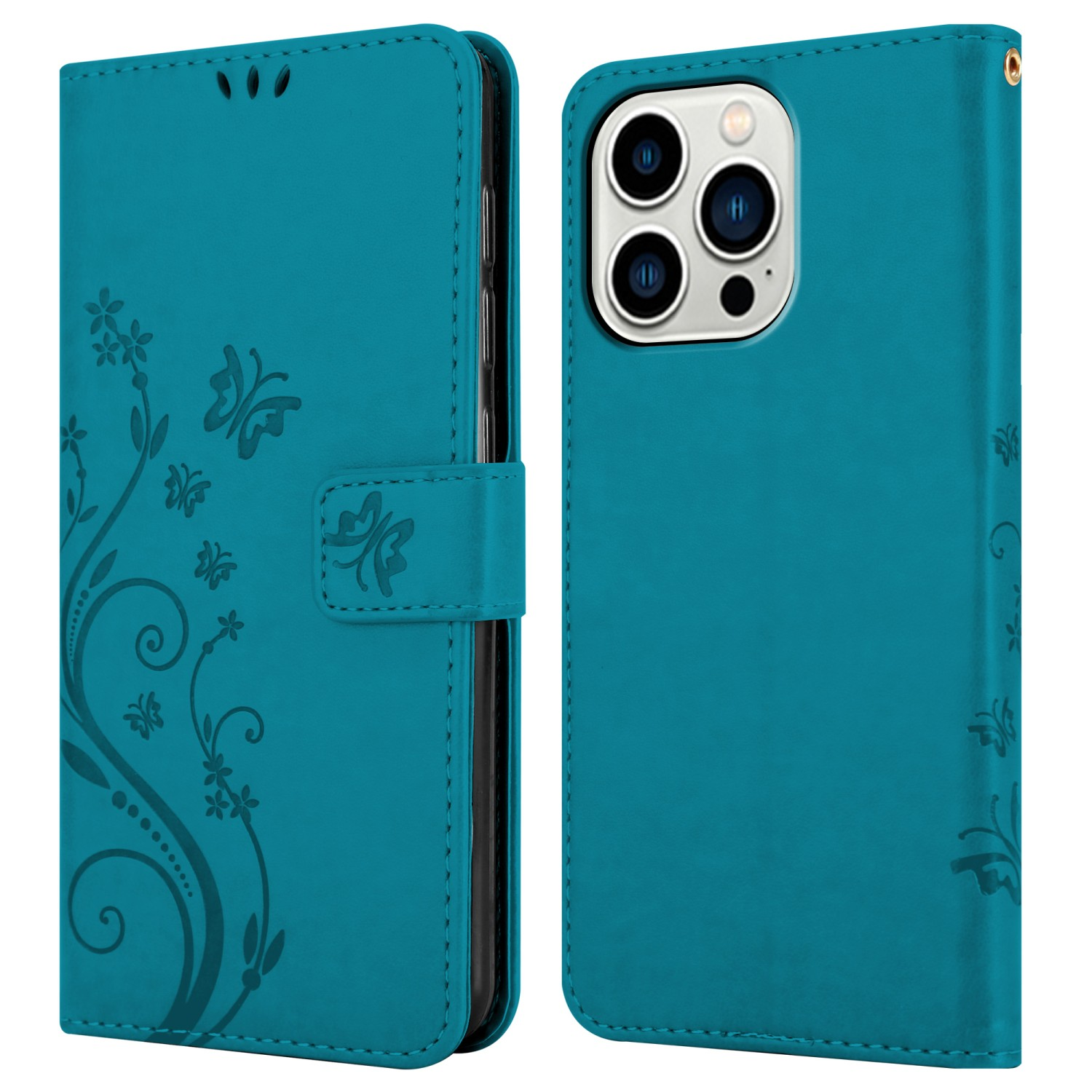 Türkisfarbene Handyhülle, geöffnet mit Blumen, Schmetterlingen und einem Telefon.