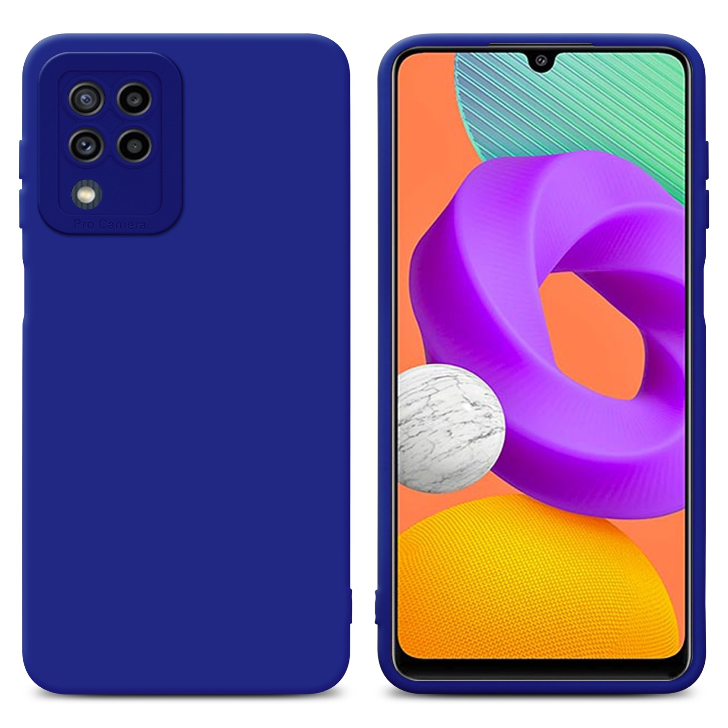 Custodia blu per telefono con un telefono che mostra un design colorato.