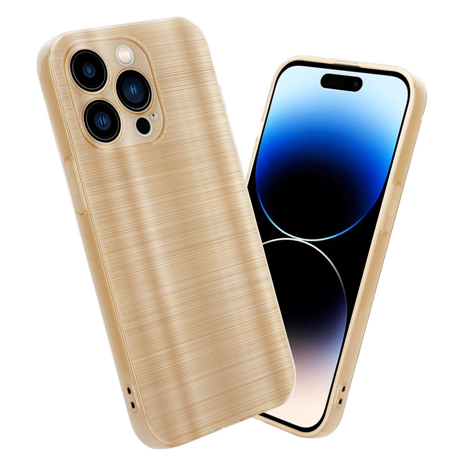 Eine goldfarbene, strukturierte Handyhülle und ein Telefon mit blauem Bildschirm werden vor weißem Hintergrund angezeigt.