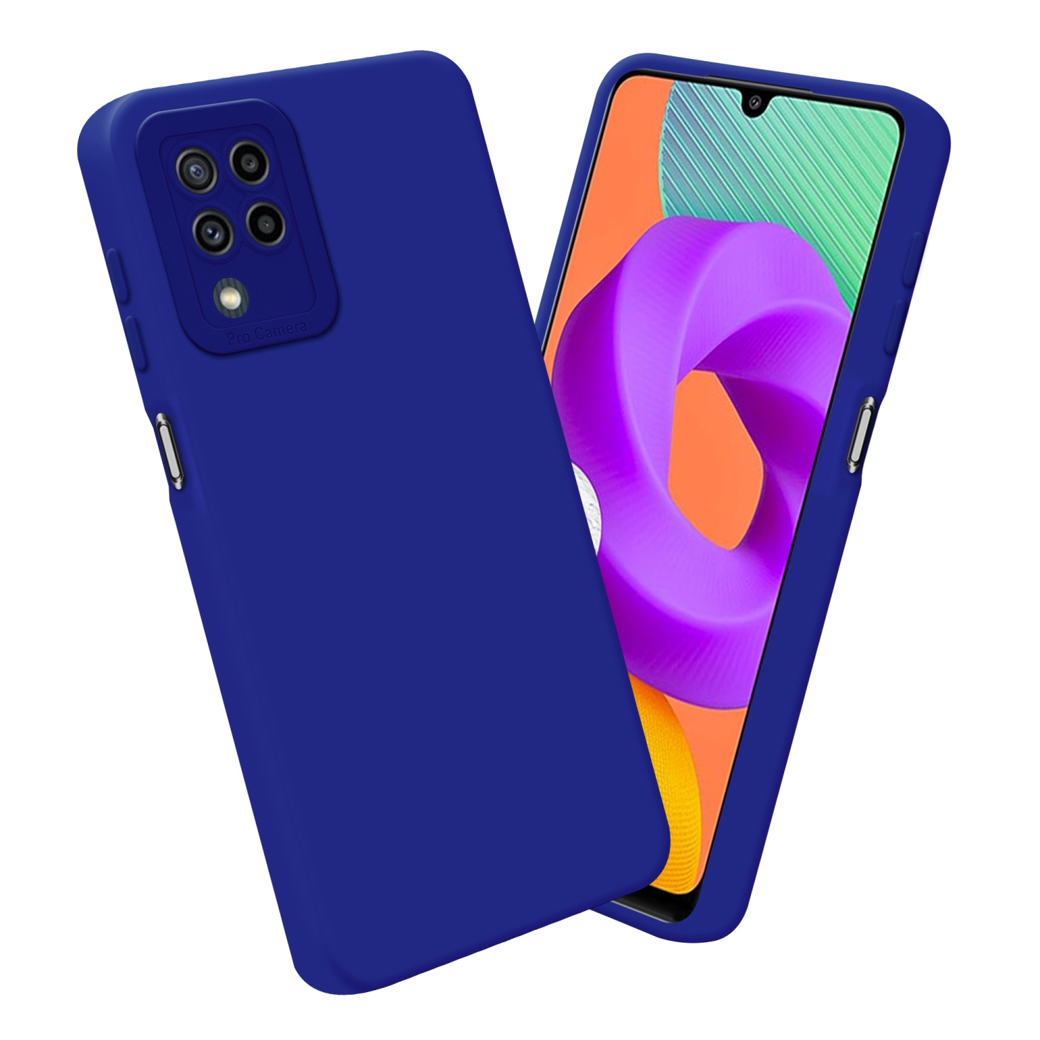 Due custodie blu, una con schermo che mostra colori viola e verdi, entrambe con fotocamere.