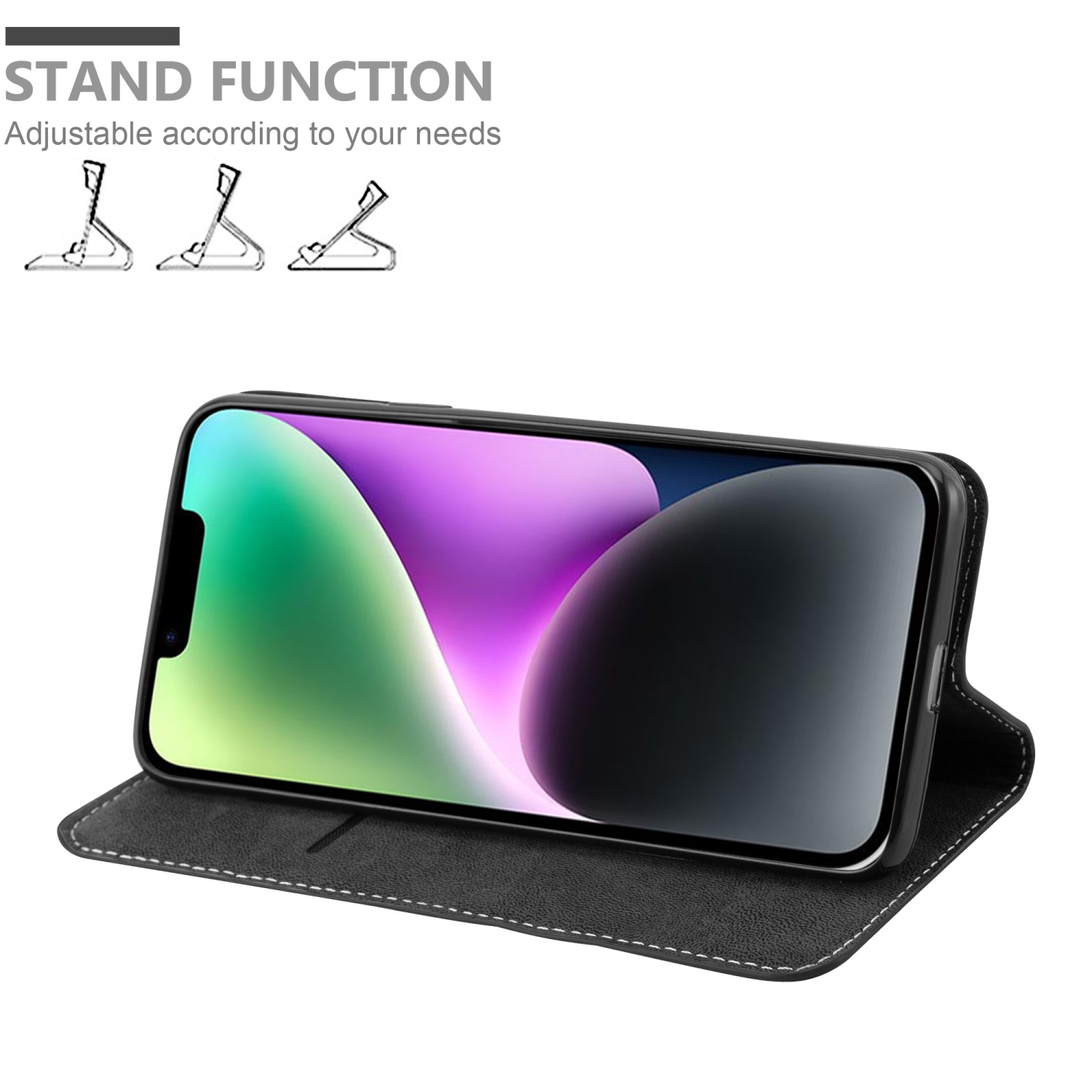 Ein schwarzes Telefon in einer schwarzen Hülle mit Standfunktion auf weißem Hintergrund.