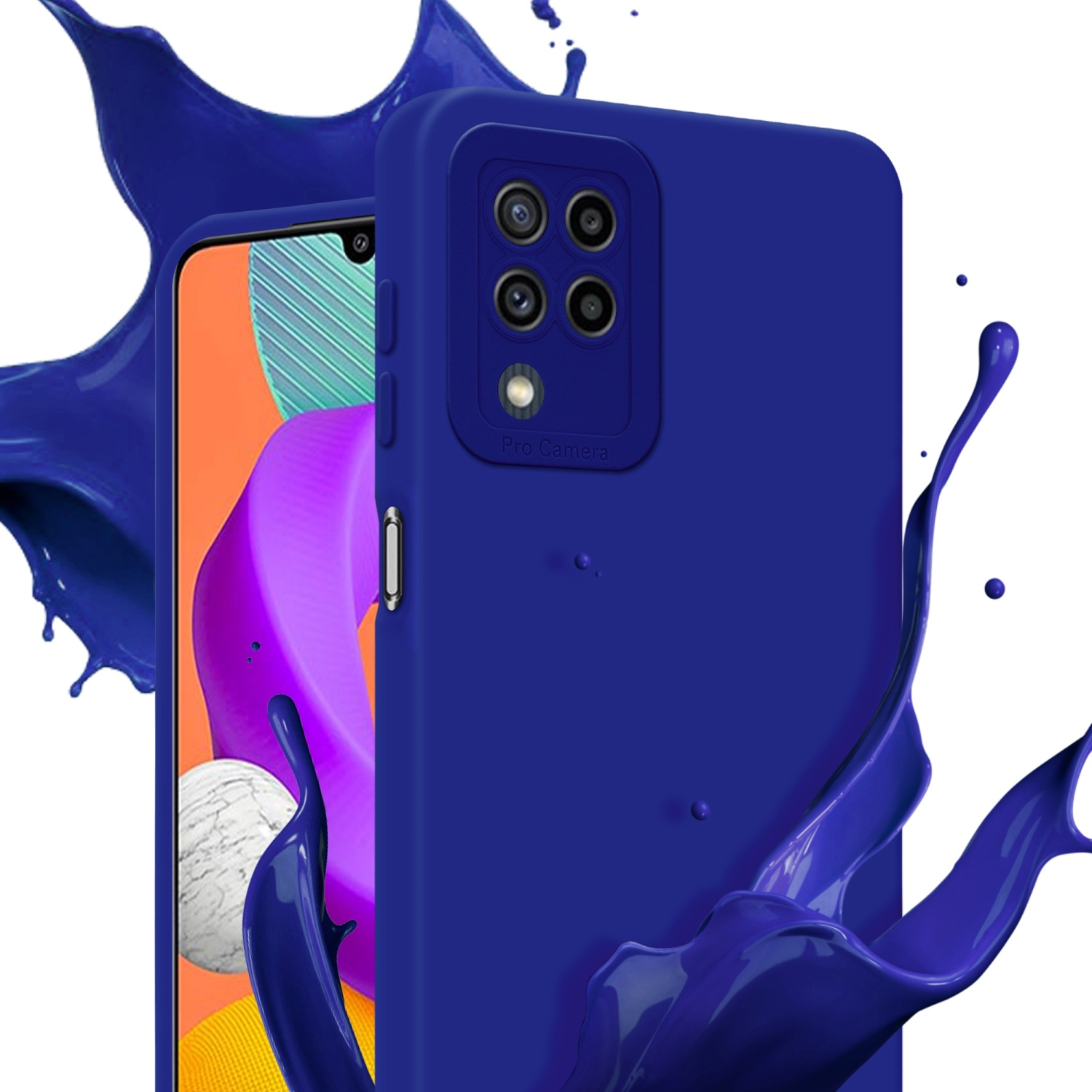 Custodia blu con telefono. Schizzo di liquido blu attorno.