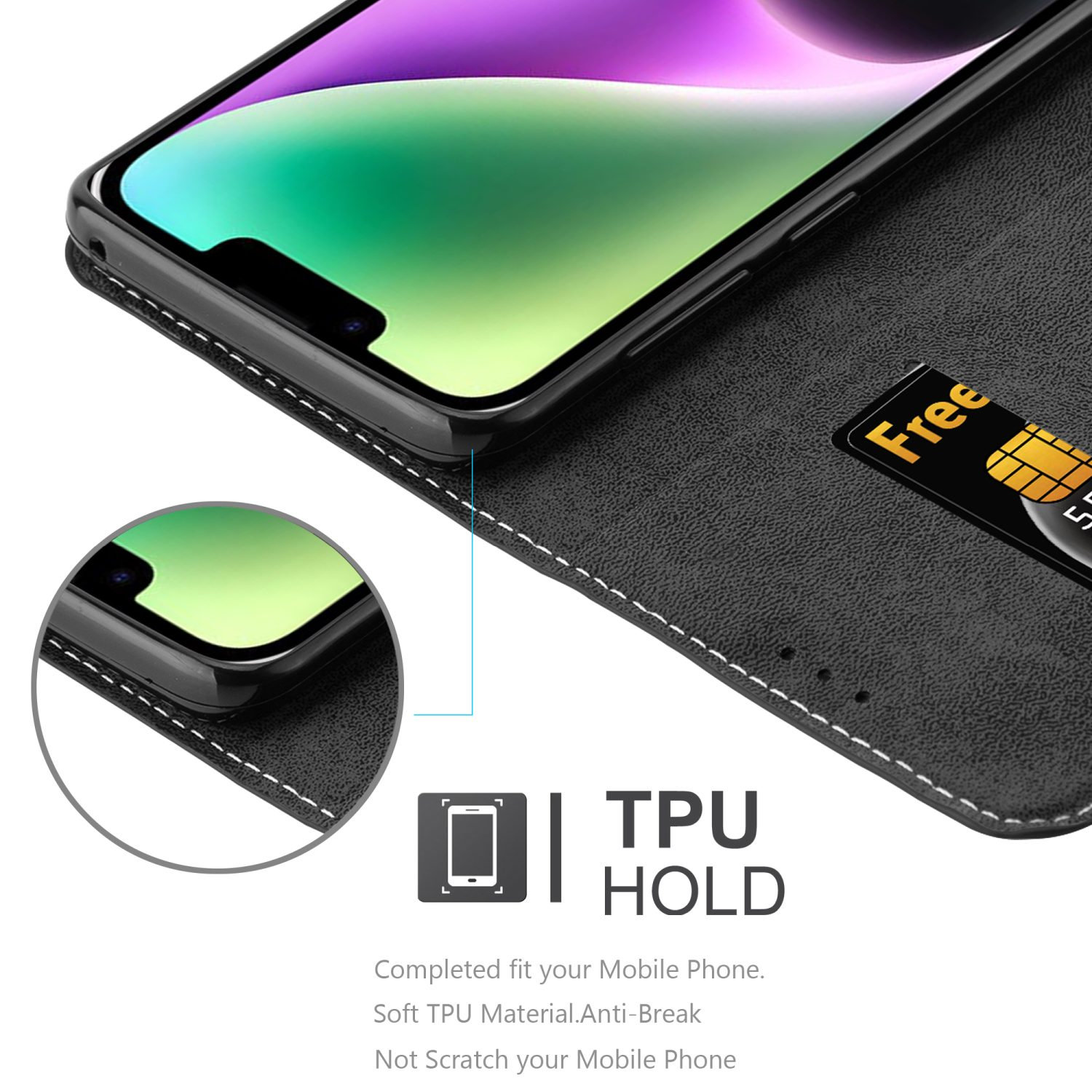Schwarze Handyhülle mit schwarzem Handy, mit den Worten TPU HOLD darauf.