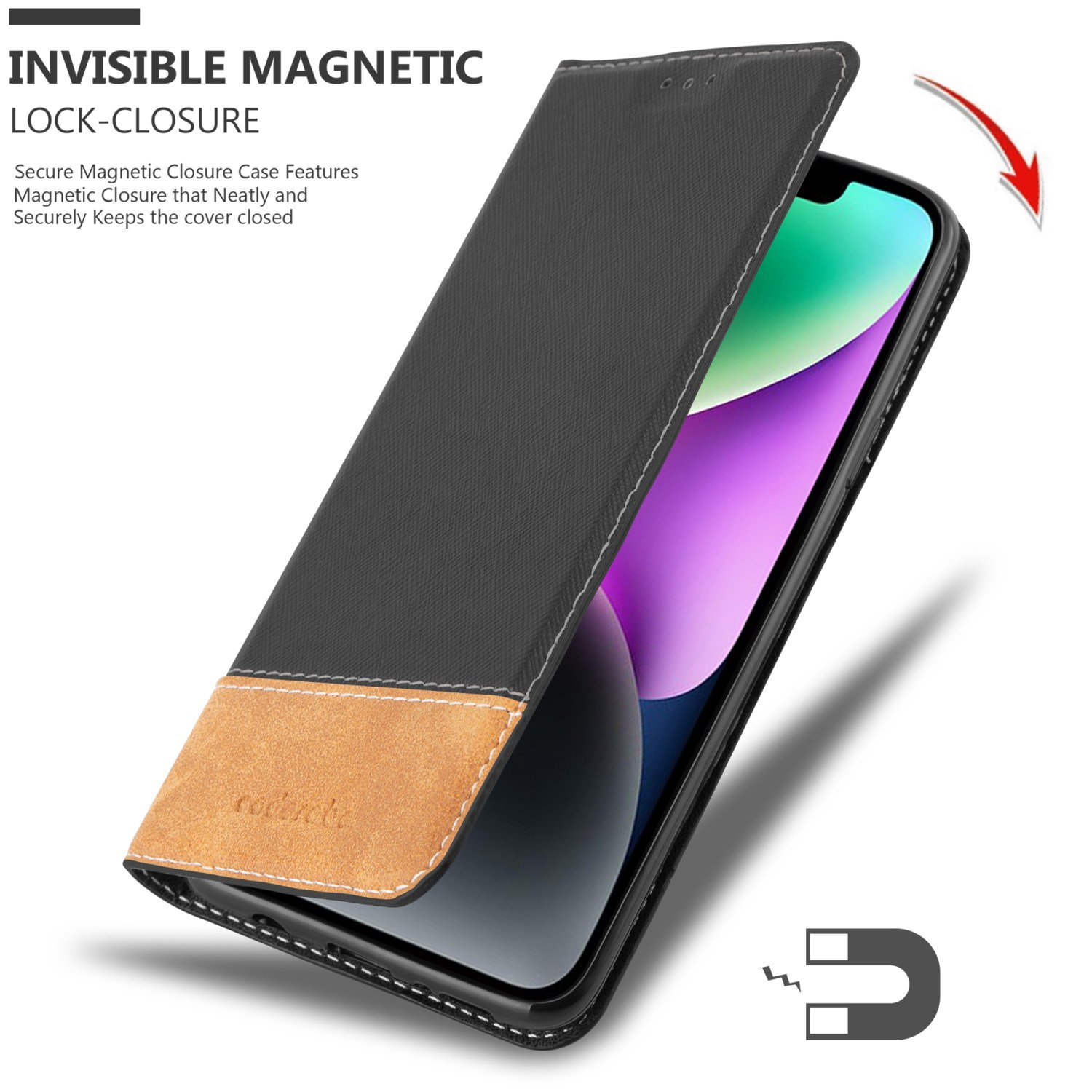 Schwarze Handyhülle mit schwarzem und beigem Leder, geöffnet. Ein Telefon ist darin. Magnetverschluss wird gezeigt.