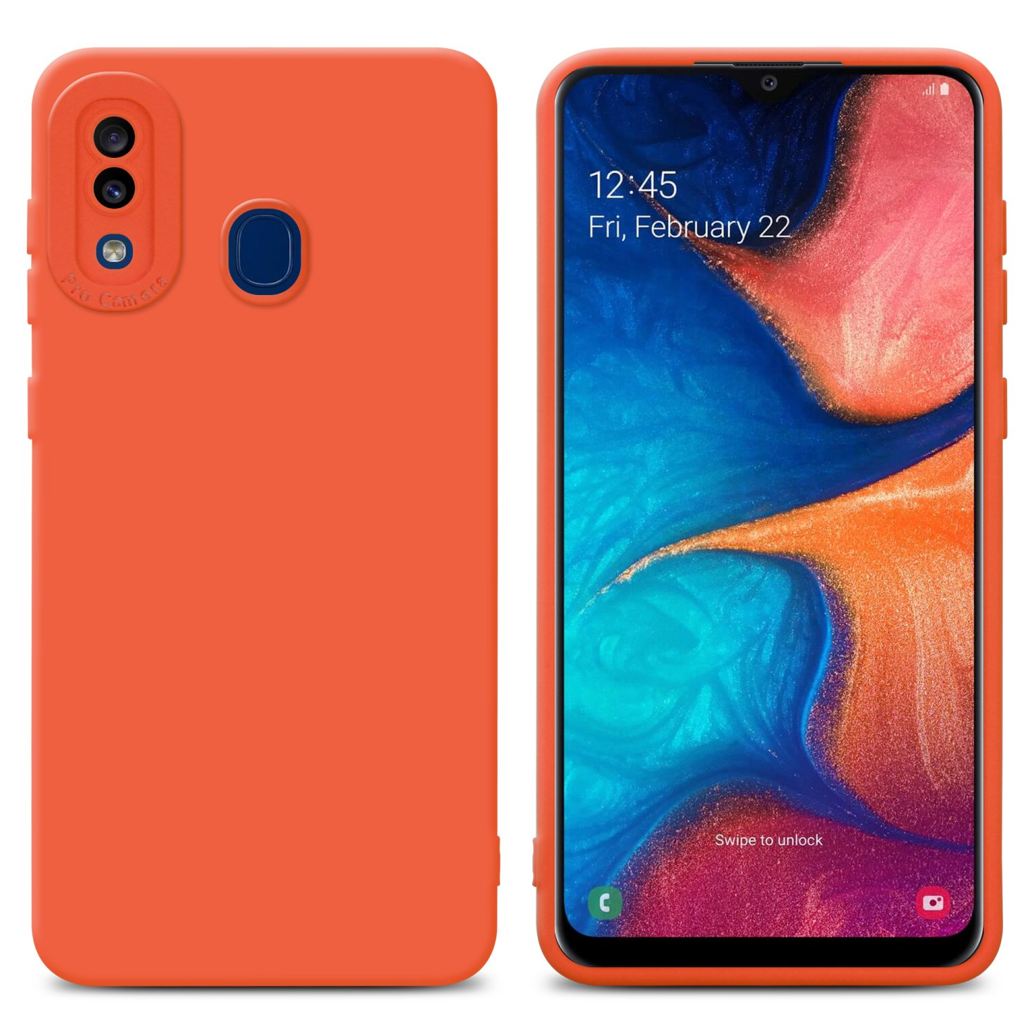 Una custodia arancione per telefono con un telefono. Il telefono mostra l'ora e la data. La custodia ha delle fotocamere.