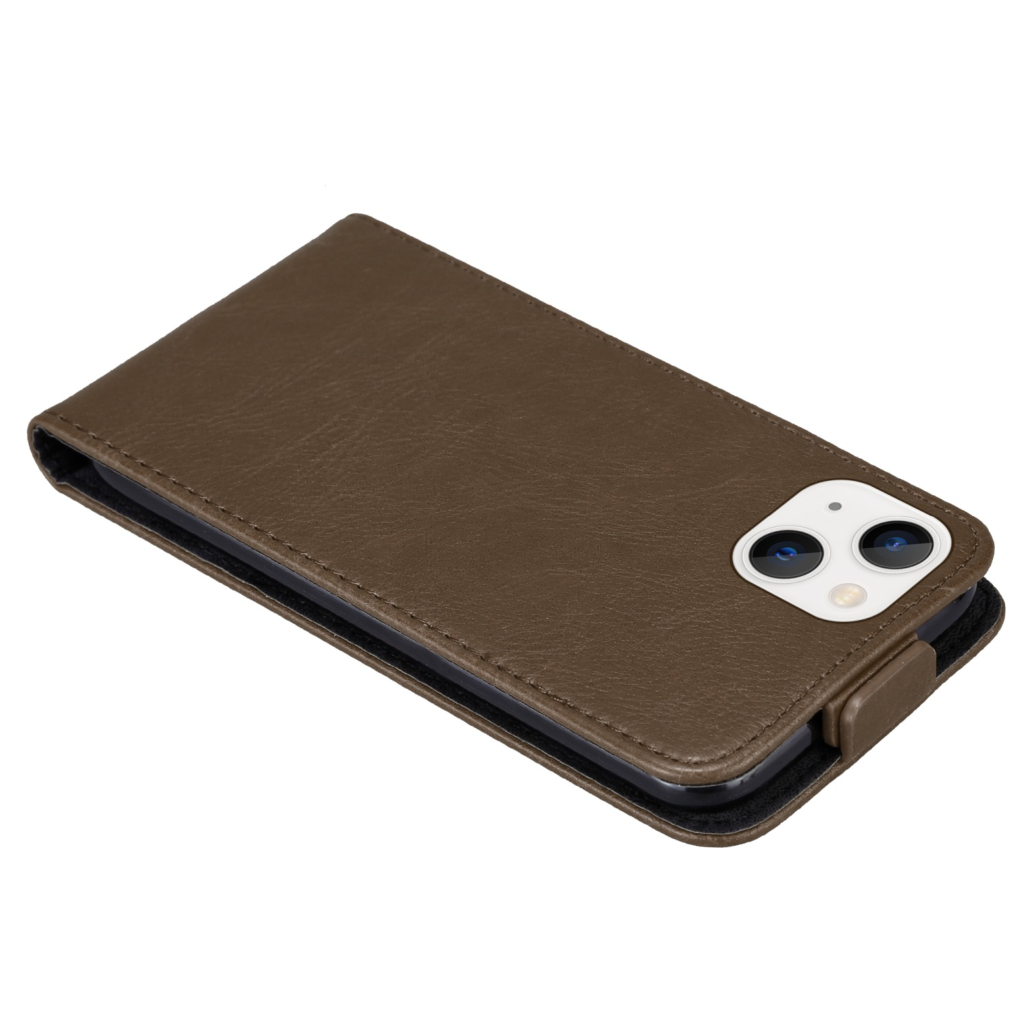 Eine braune Leder-Handyhülle. Das Telefon ist innen, die Kamera sichtbar.