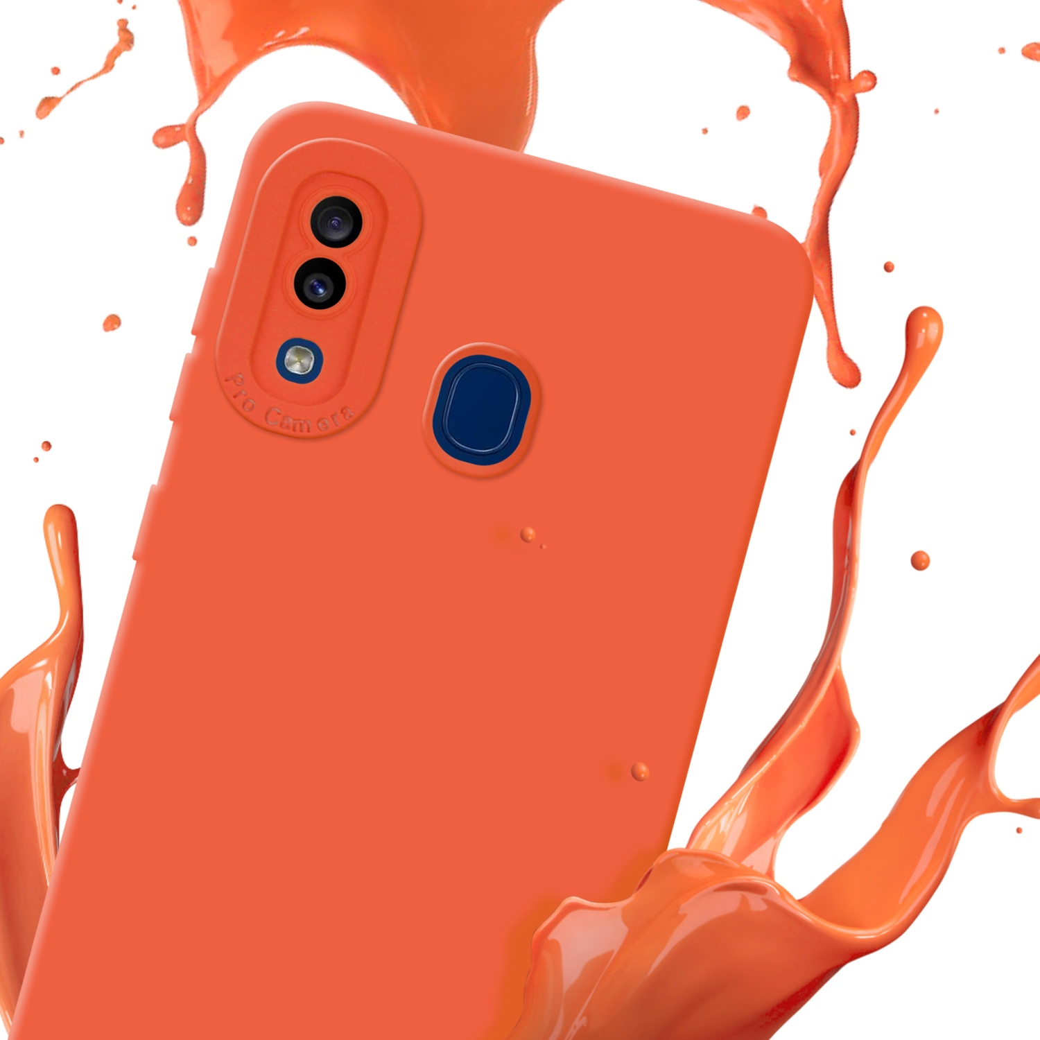 Custodia arancione con modulo fotocamera e spruzzo di liquido arancione.