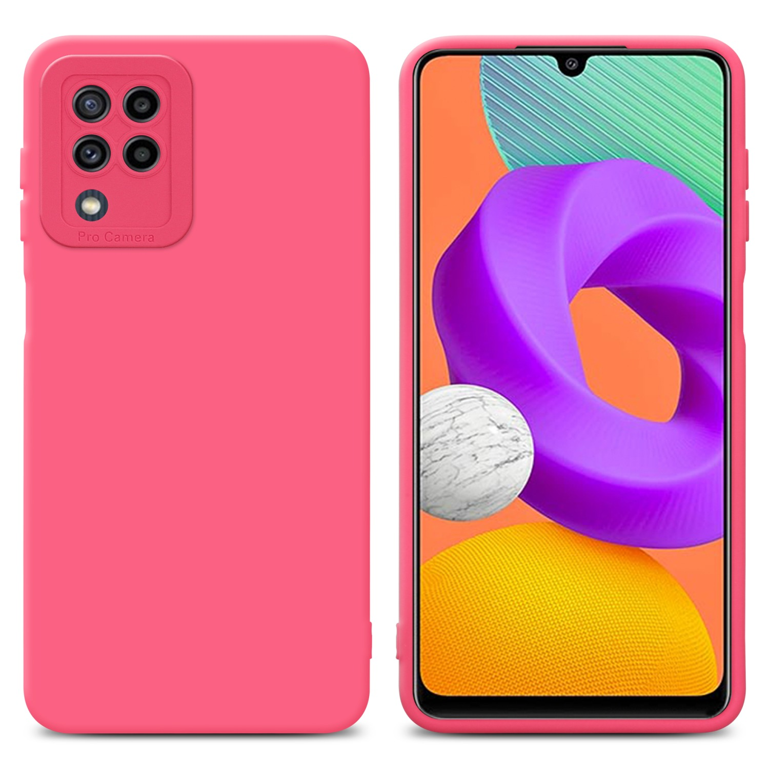 Una custodia e un telefono rosa, con schermo viola. Schizzo di liquido rosa.