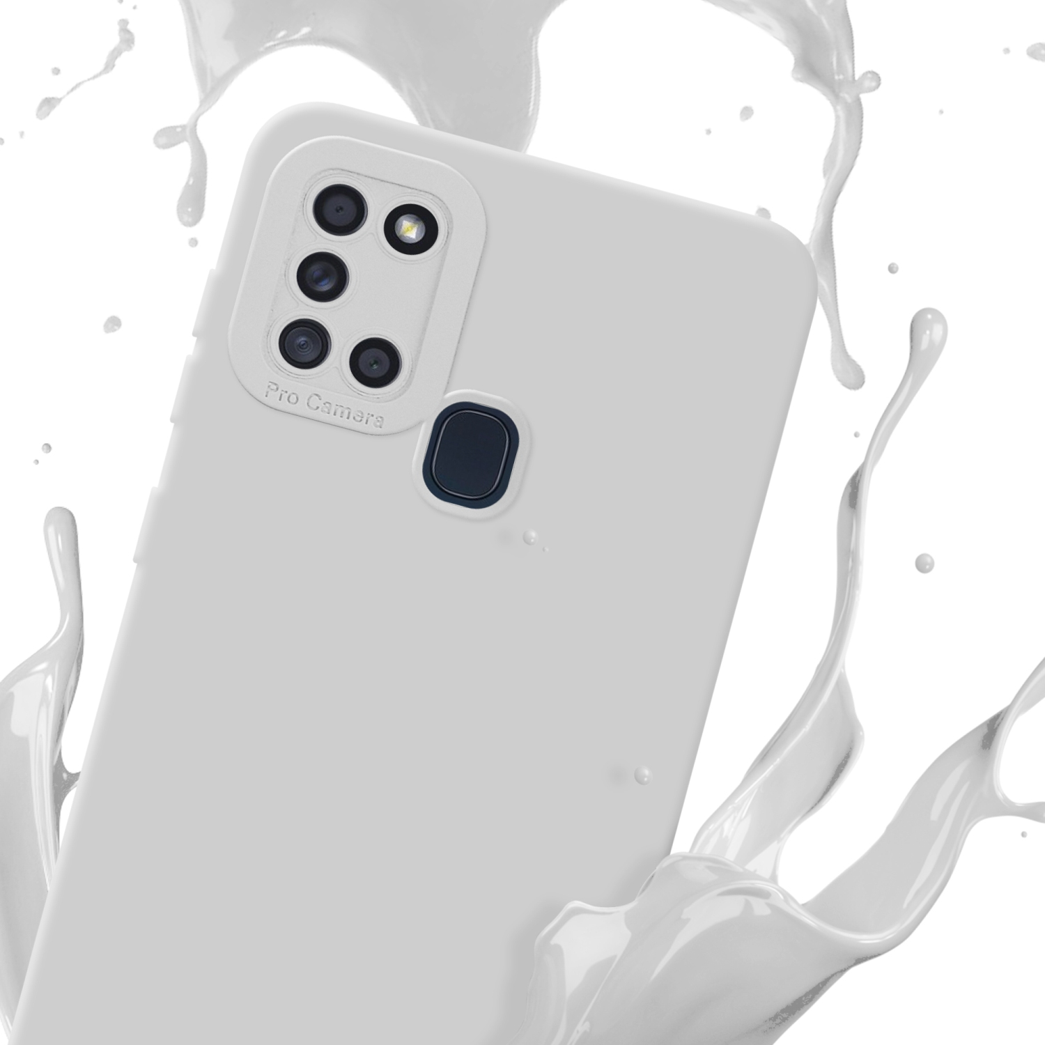 Una custodia per telefono bianca con un ritaglio per la fotocamera, spruzzata di vernice bianca. La custodia è inclinata.