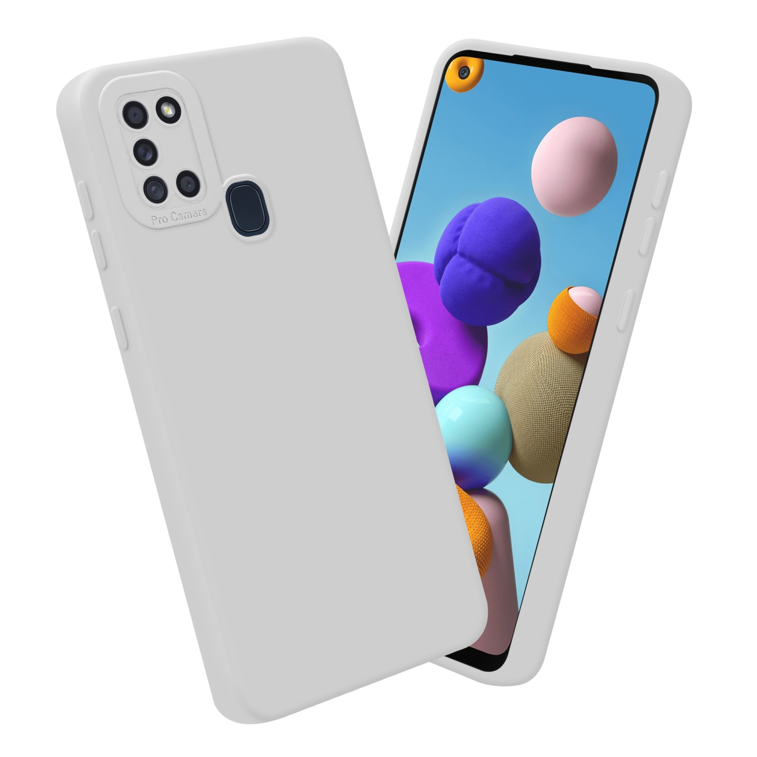 Due custodie bianche, una con un telefono che mostra forme colorate. Lo sfondo è bianco.