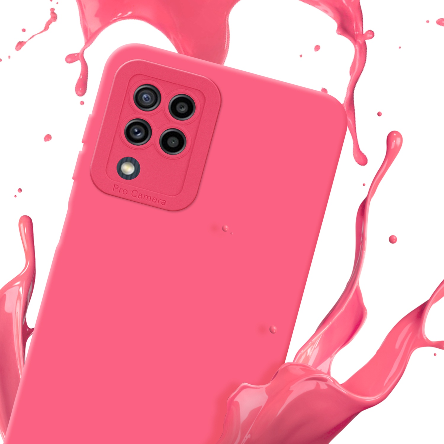 Custodia rosa con modulo fotocamera. Vernice rosa che schizza intorno. Sfondo bianco.