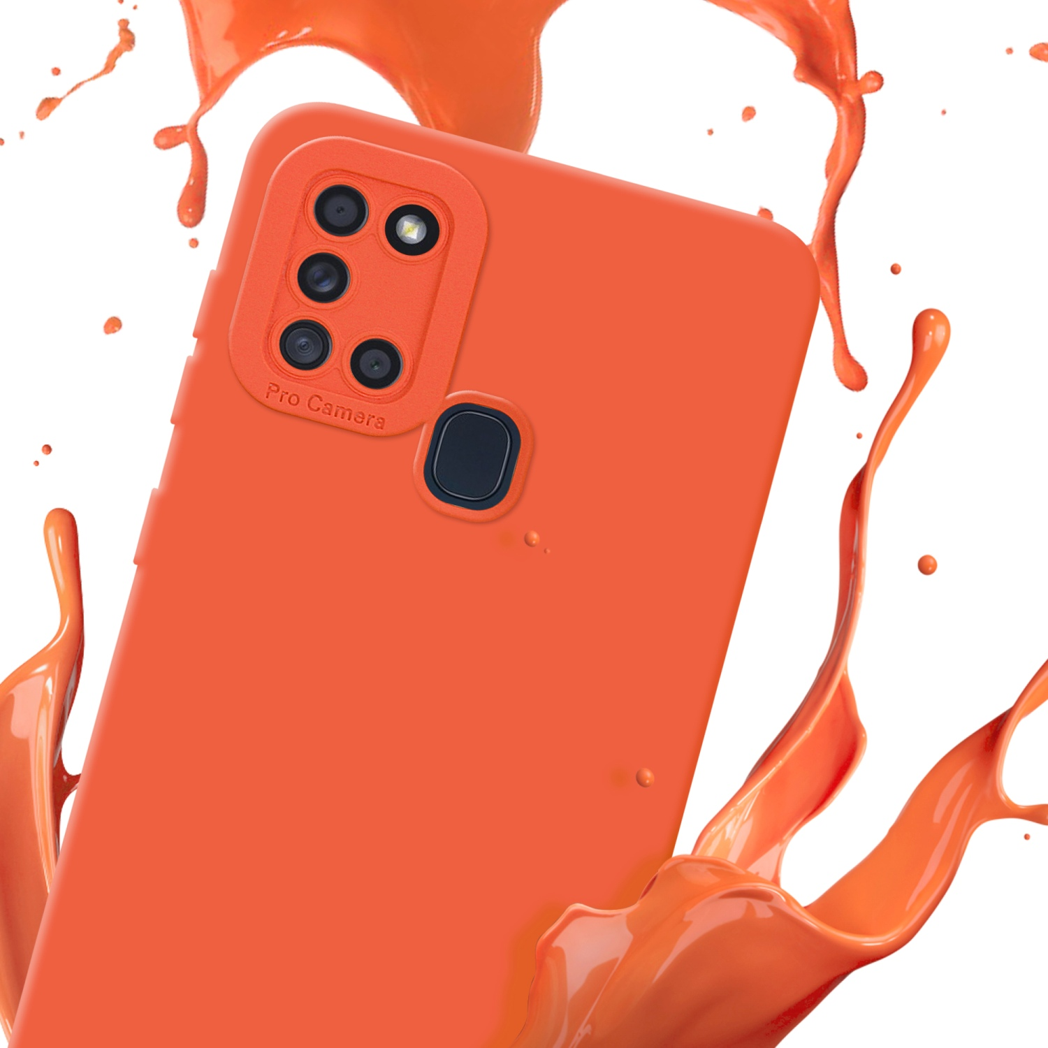 Una custodia arancione con quattro fotocamere. Spruzzi di liquido arancione intorno.