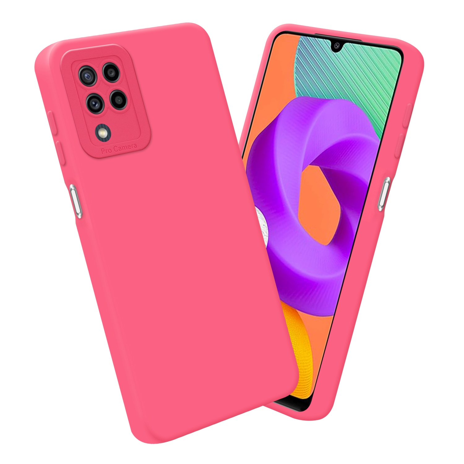 Custodia e telefono rosa. Lo schermo mostra un disegno viola. La custodia ha un ritaglio per la fotocamera.