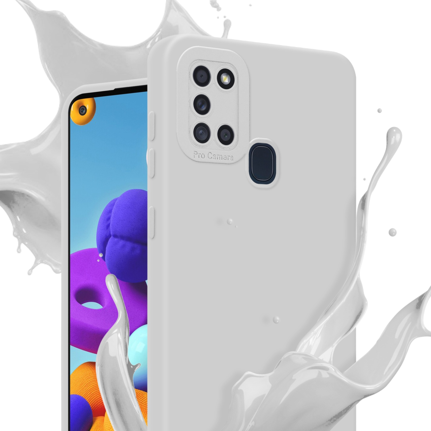 Custodia bianca per telefono con fotocamera, schizzi di liquido bianco su entrambi i lati e uno schermo del telefono.