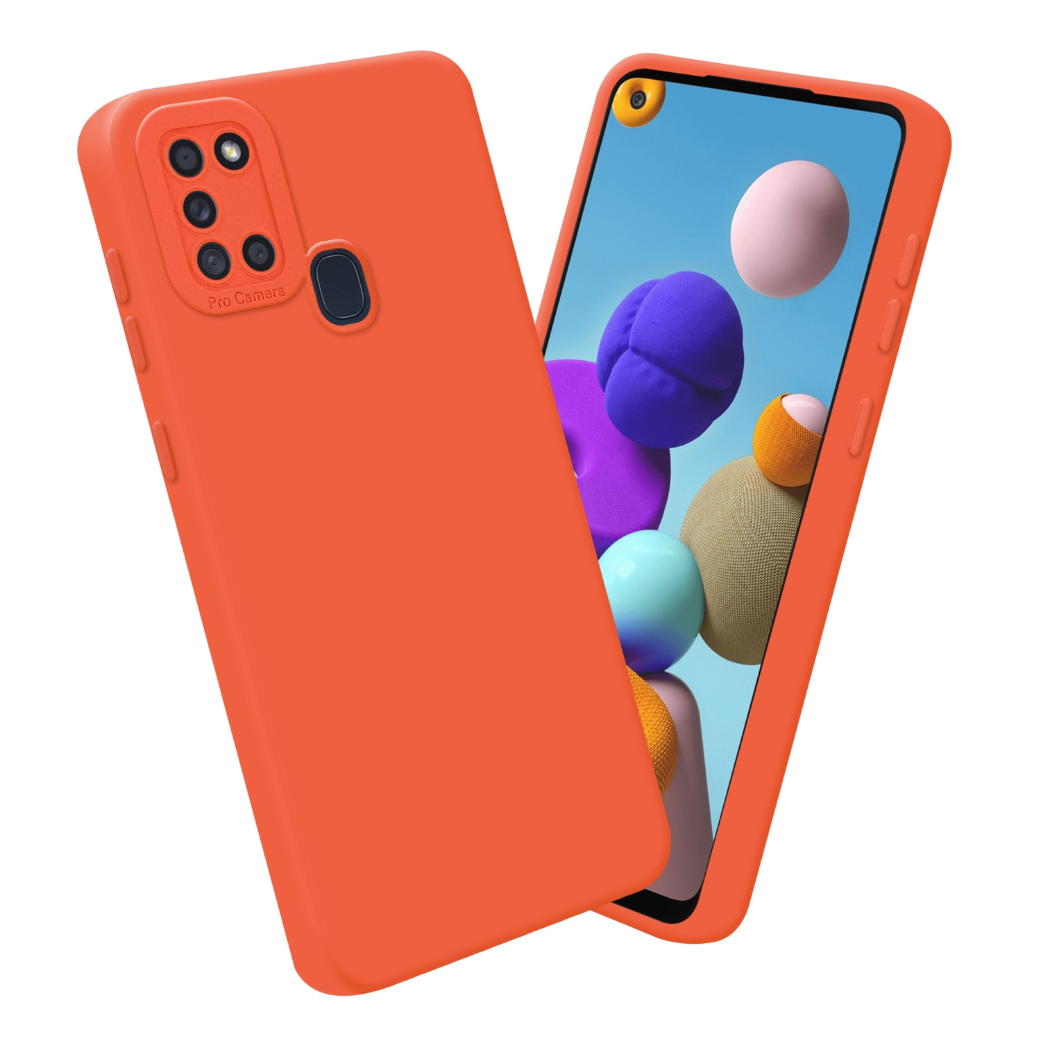 Una custodia arancione con un telefono, che mostra forme colorate, su sfondo bianco.