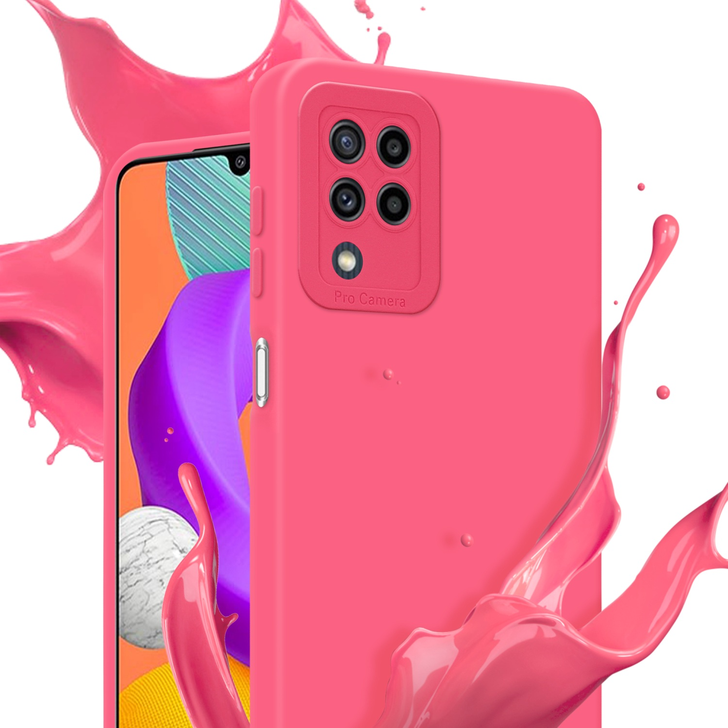 Custodia rosa con uno schizzo di vernice rosa. L'etichetta Pro Camera è sulla custodia.