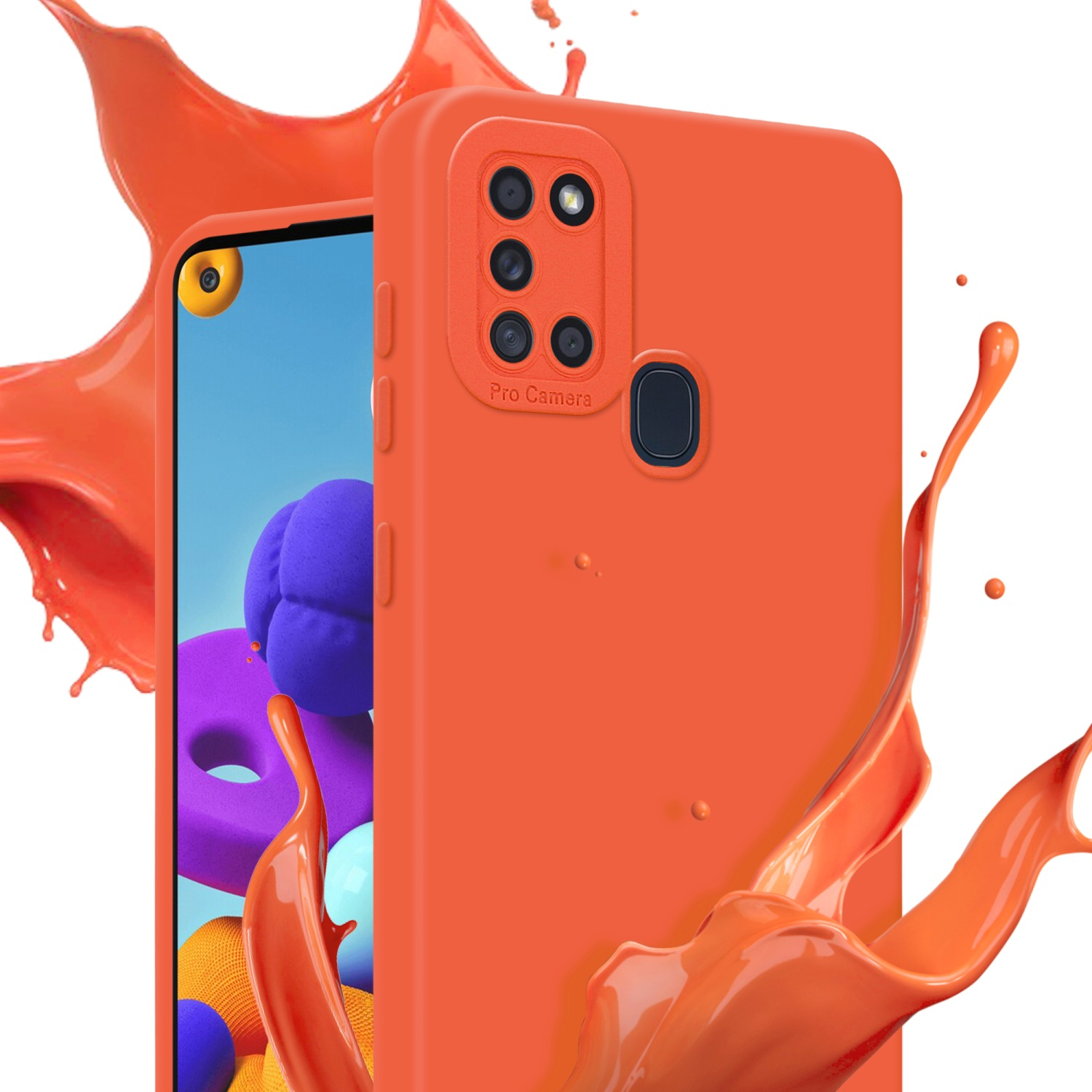 Custodia arancione per telefono con telefono. Spruzzi di liquido arancione sullo sfondo.