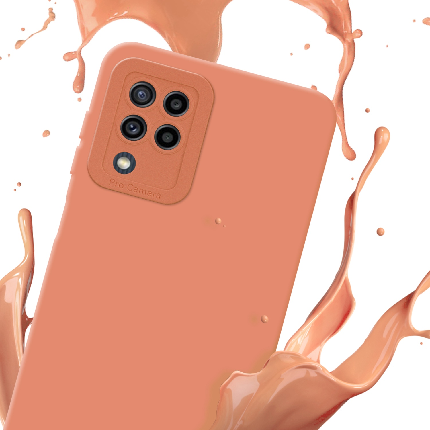 Custodia arancione per telefono con colori astratti. Schizzi di vernice arancione su sfondo bianco.