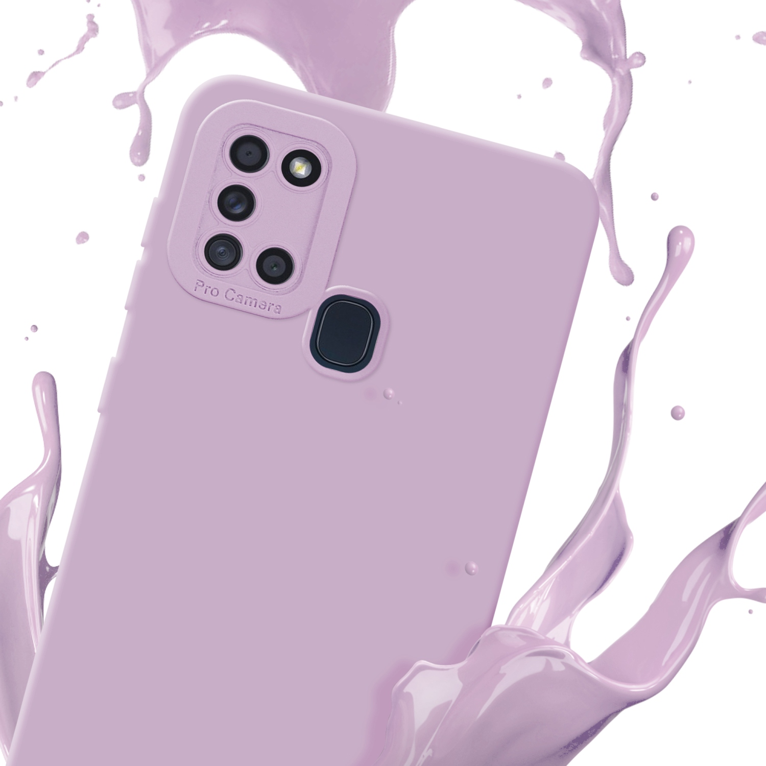 Coque de téléphone lilas avec plusieurs caméras, entourée d'éclaboussures de peinture violette.