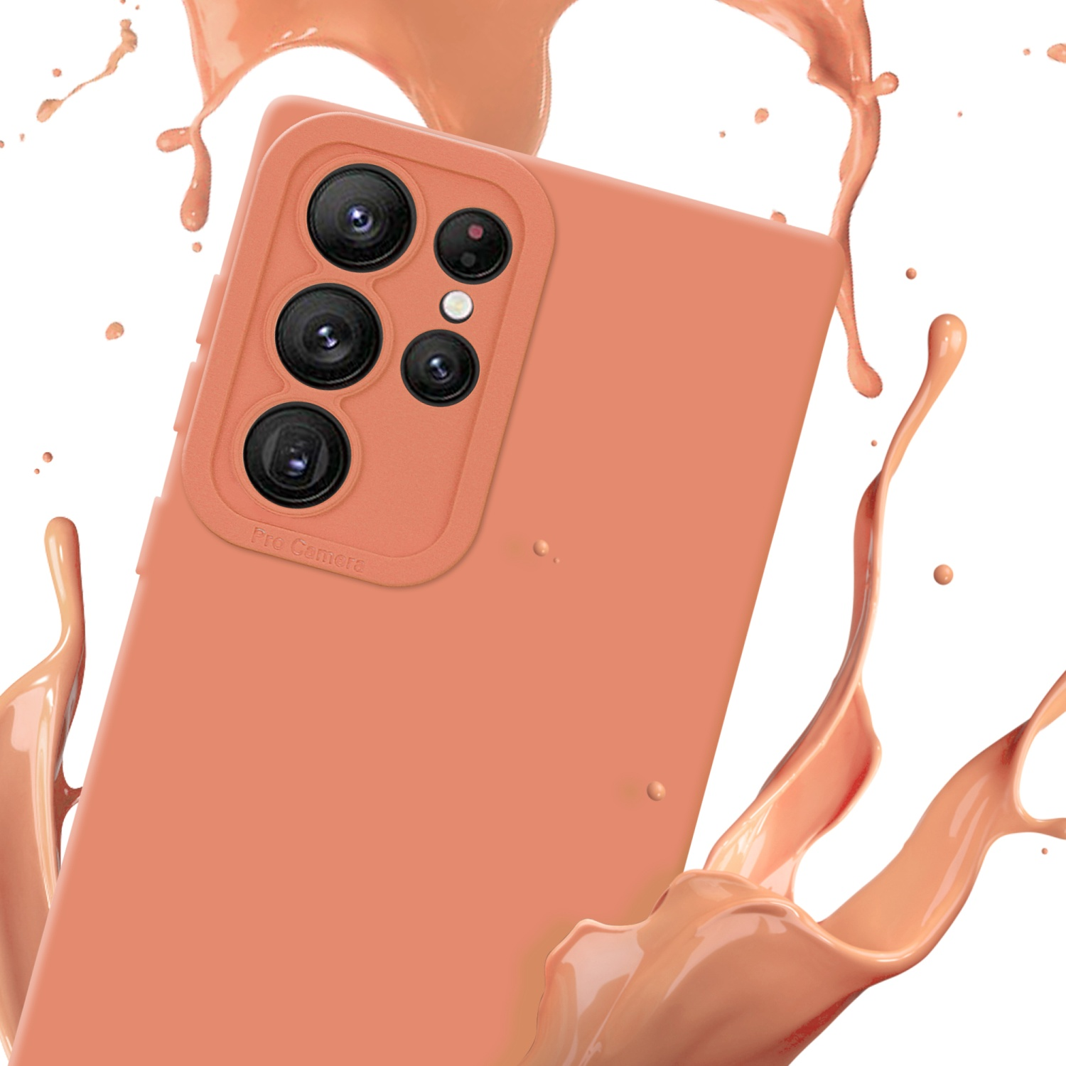Custodia per telefono color pesca con funzioni fotocamera mostrata con schizzo di liquido su sfondo bianco.