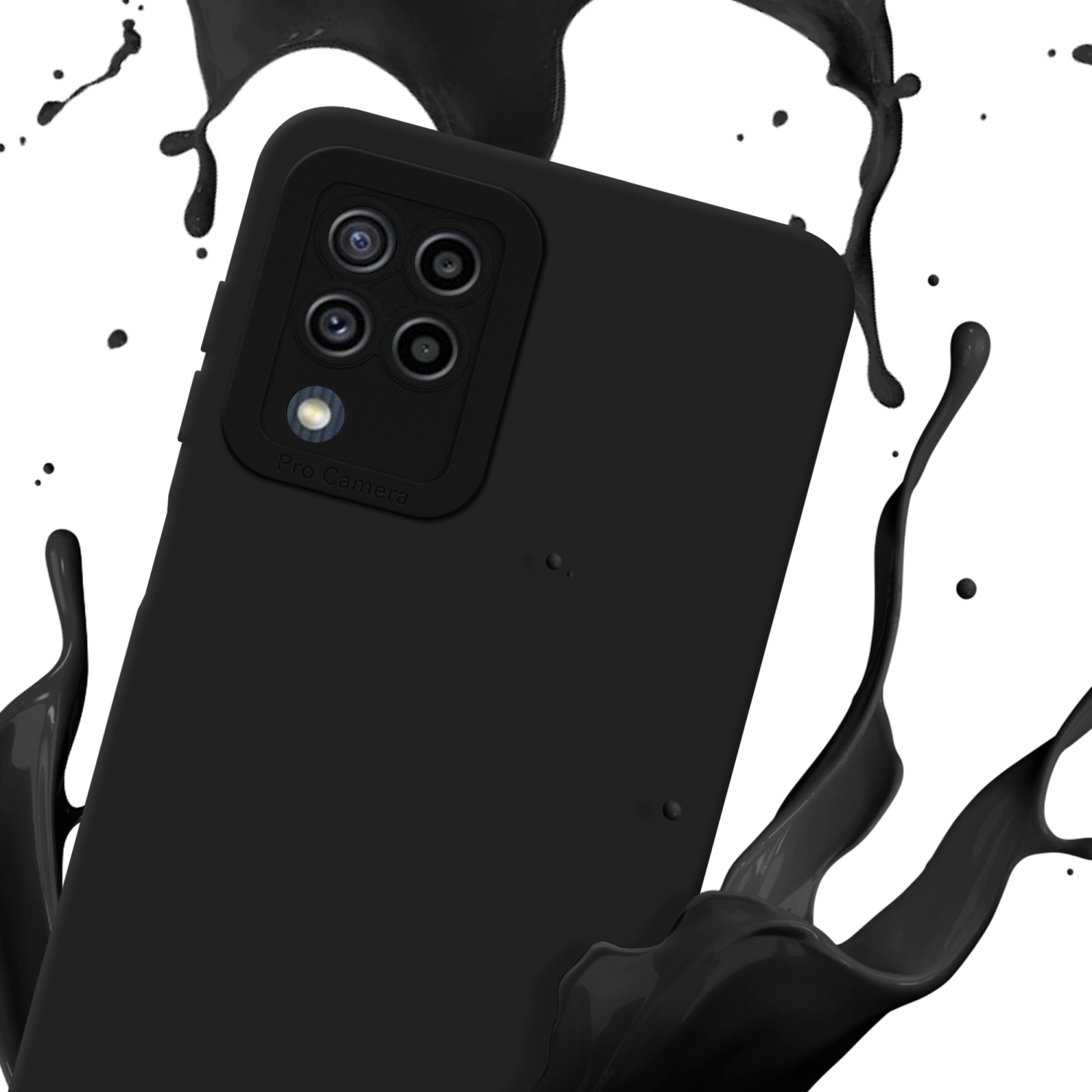Custodia per telefono nera con quattro fotocamere. Schizzo di vernice nera su sfondo bianco.