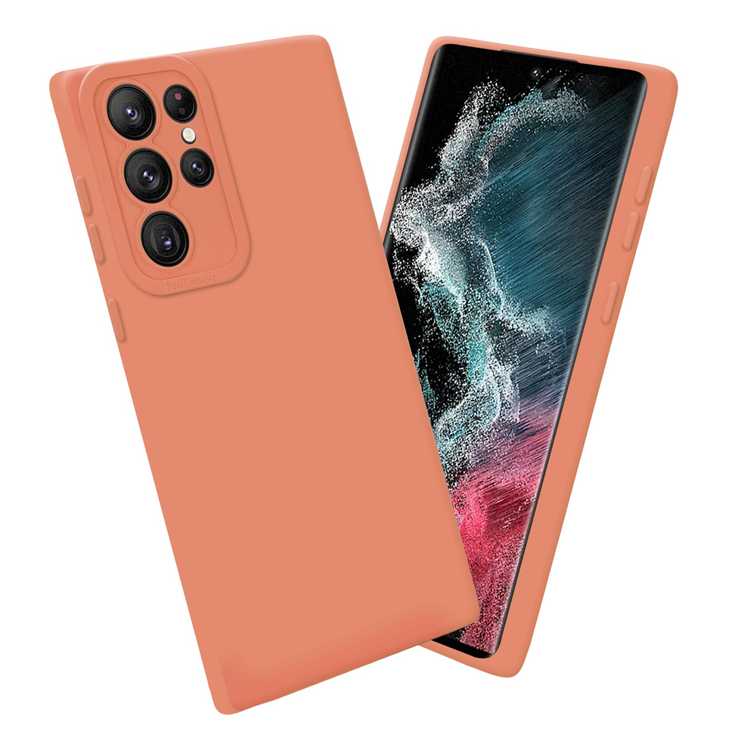 Custodia arancione con telefono dentro, anche il telefono è arancione.