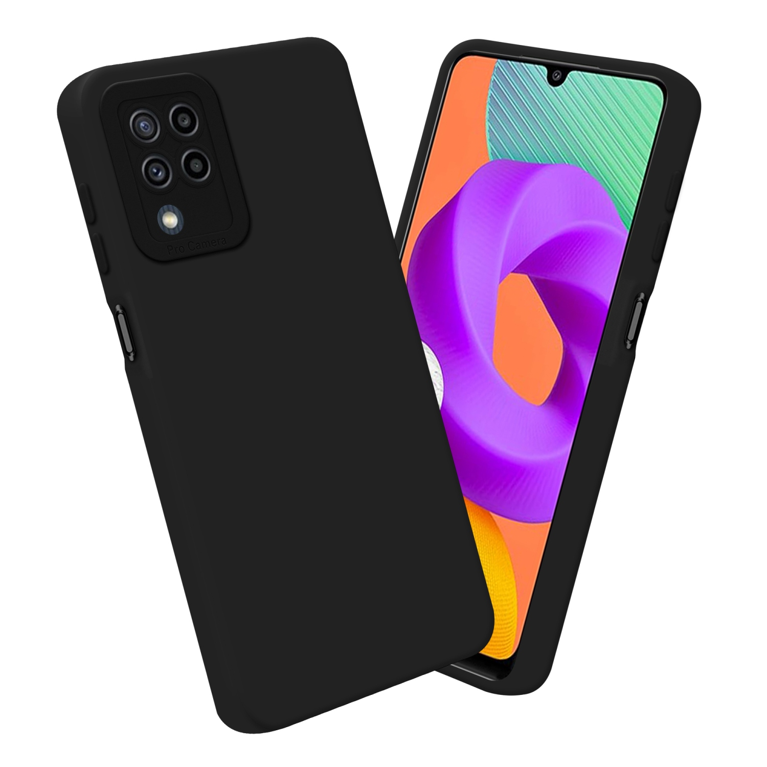 Custodia nera con telefono che mostra un'immagine colorata.