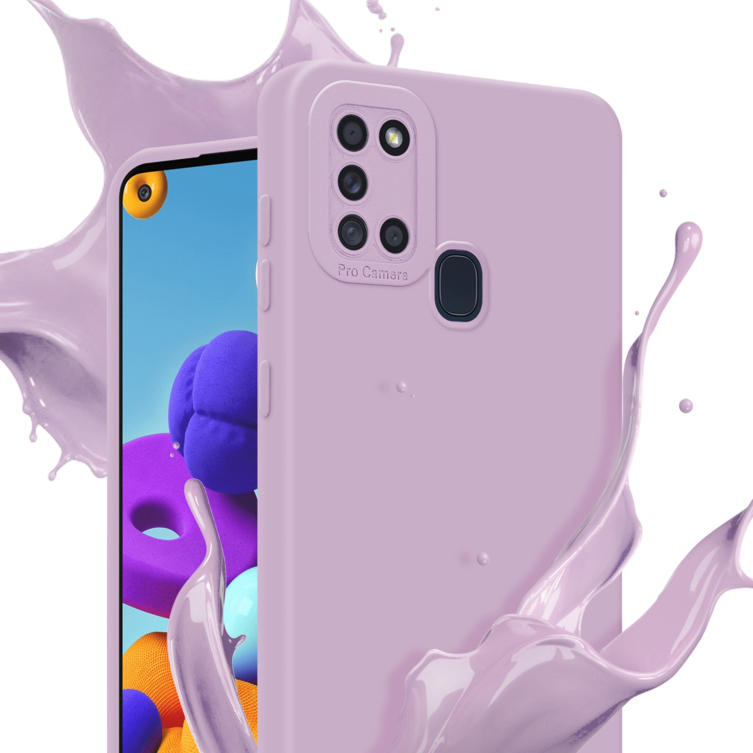 Étui de téléphone violet avec effet d'éclaboussure et objectifs de caméra pro.