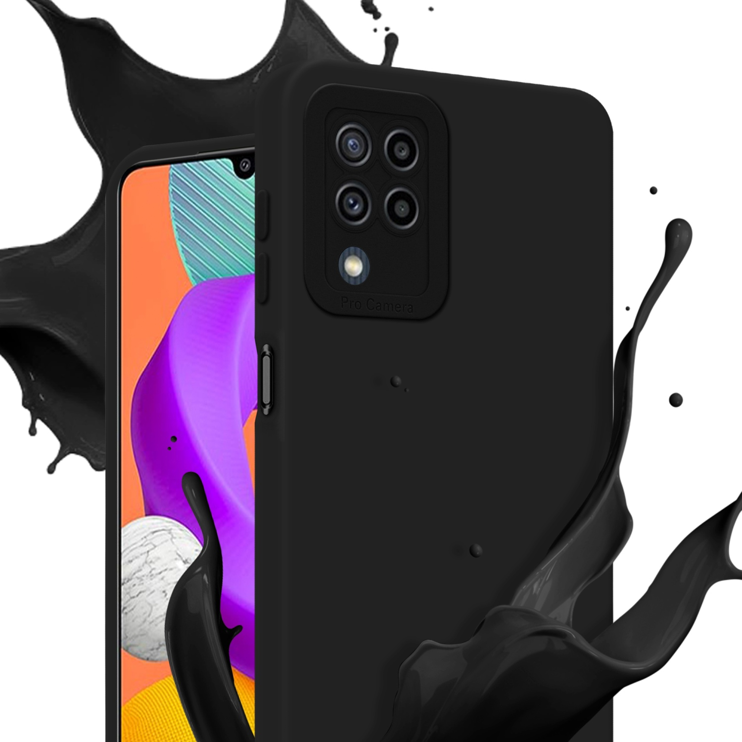 Custodia nera con schizzo di vernice nera. Il display del telefono è visibile.