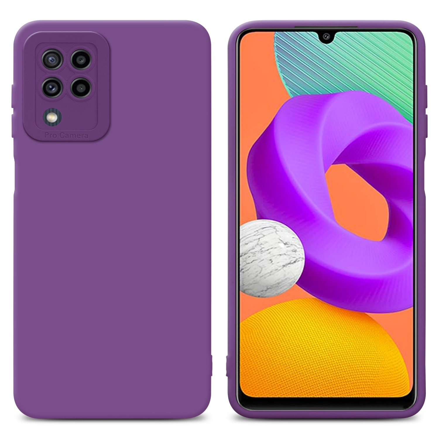 Custodia viola con telefono. La custodia ha una fotocamera sul retro. Lo sfondo è bianco con un motivo.