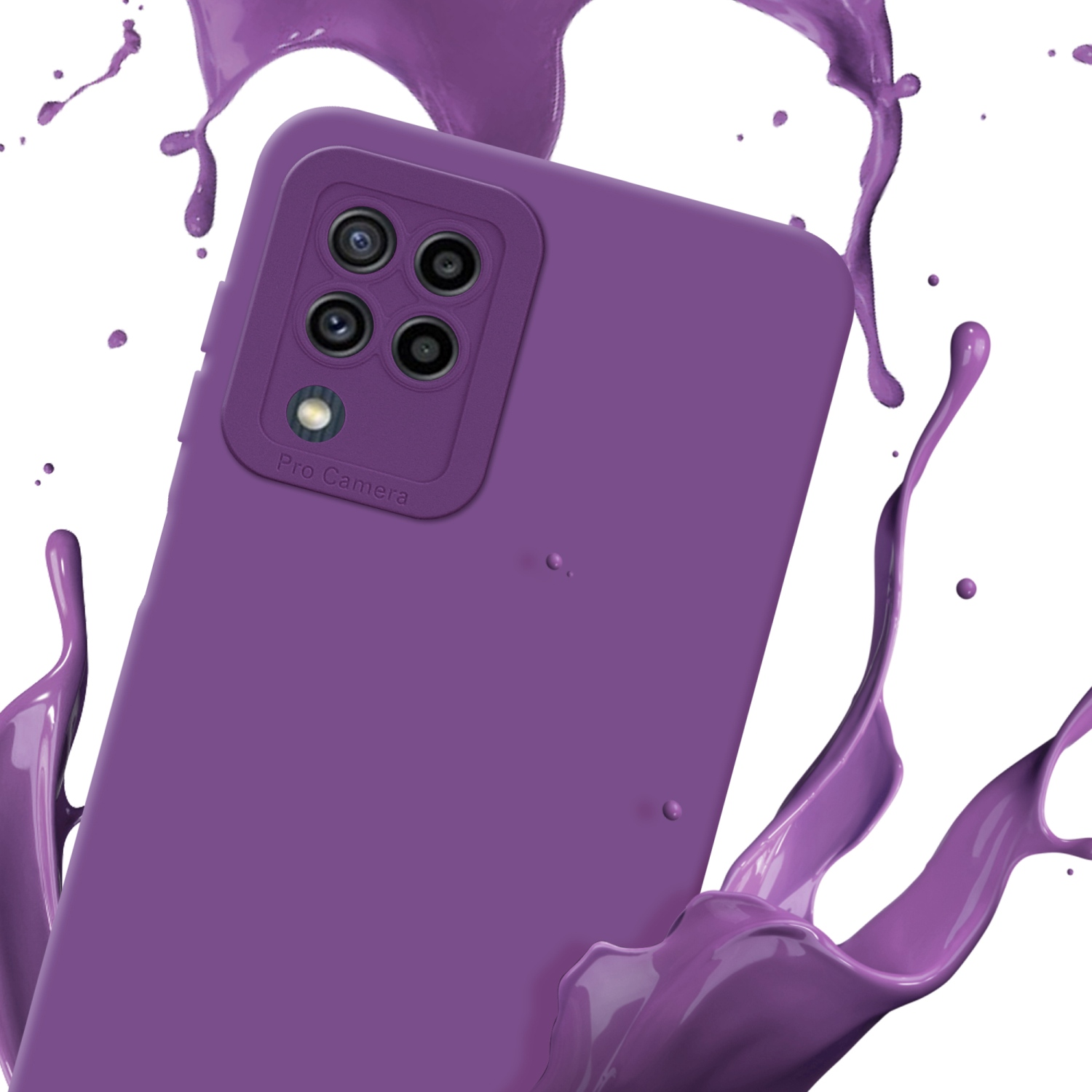 Una custodia viola con modulo fotocamera è circondata da schizzi di vernice viola su sfondo bianco.