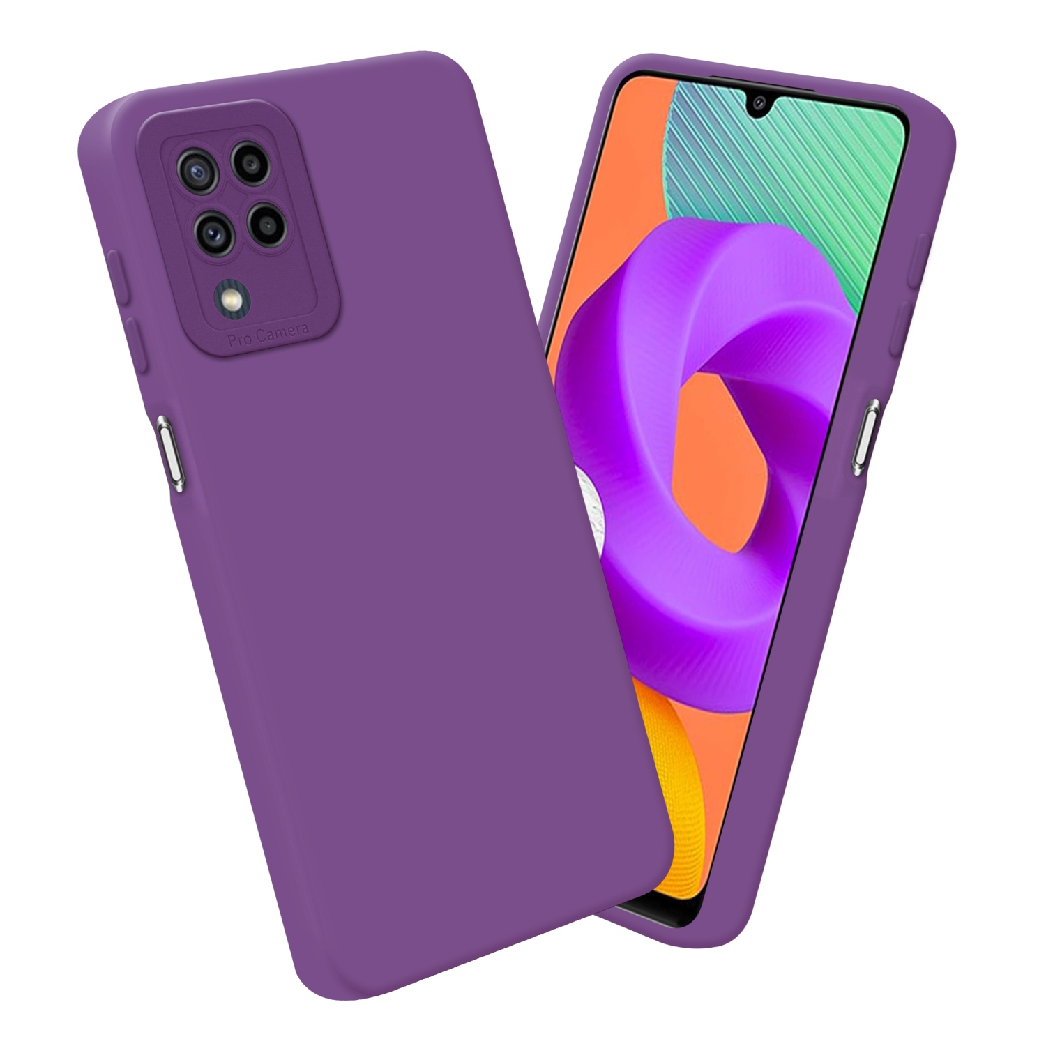 Custodia viola accanto a un telefono che mostra uno sfondo viola.