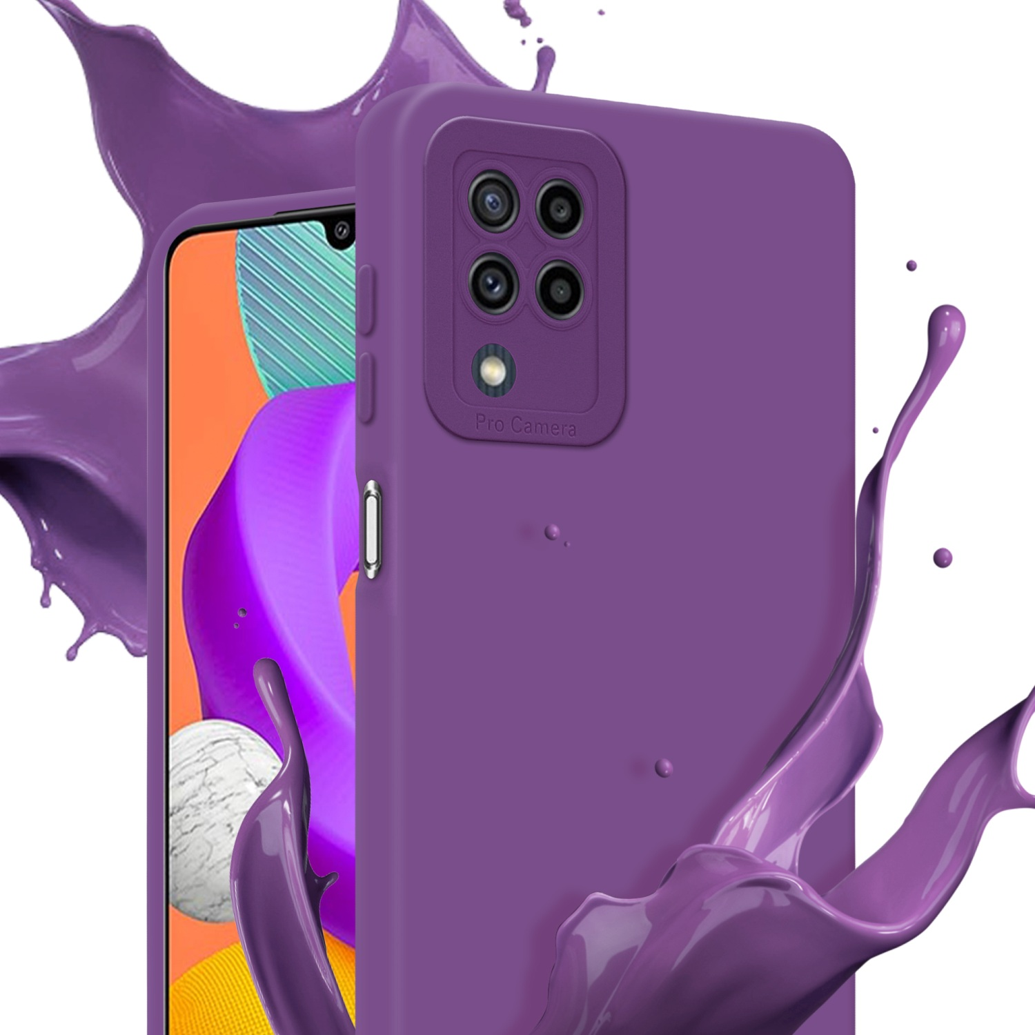 Una custodia viola con quattro fotocamere. Spruzzi di liquido viola intorno al telefono.