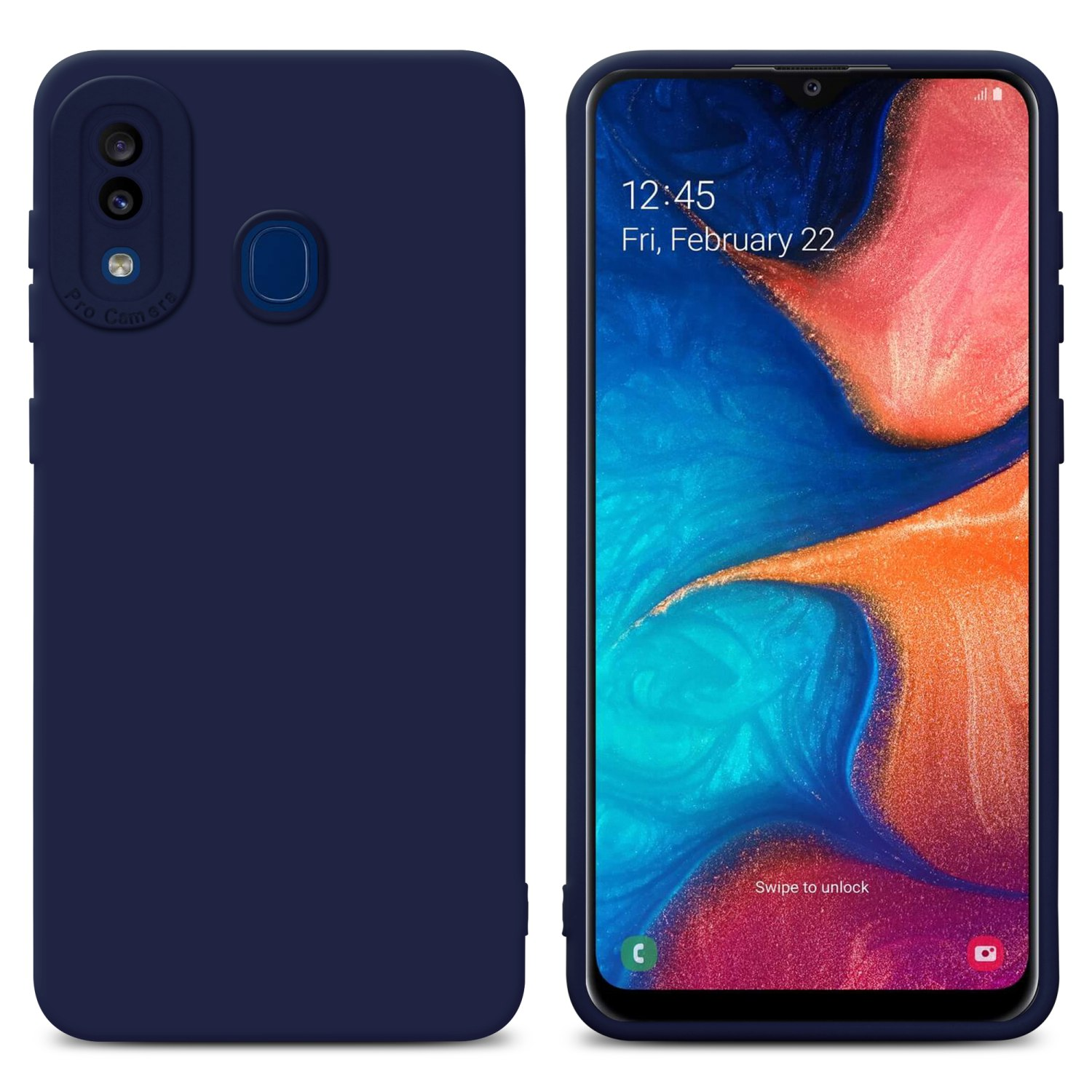Custodia blu navy con telefono. Lo schermo mostra un motivo blu. Sfondo bianco.