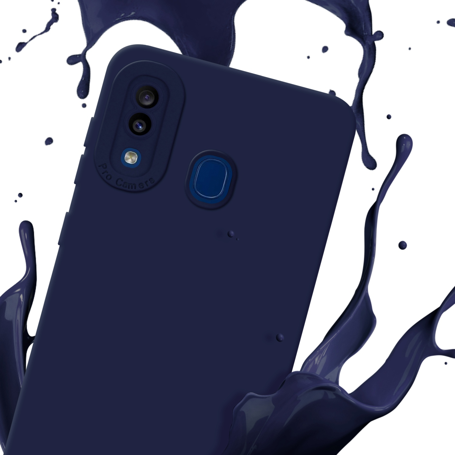 Custodia blu navy con vernice blu navy che schizza. Il telefono ha uno sfondo blu scuro.