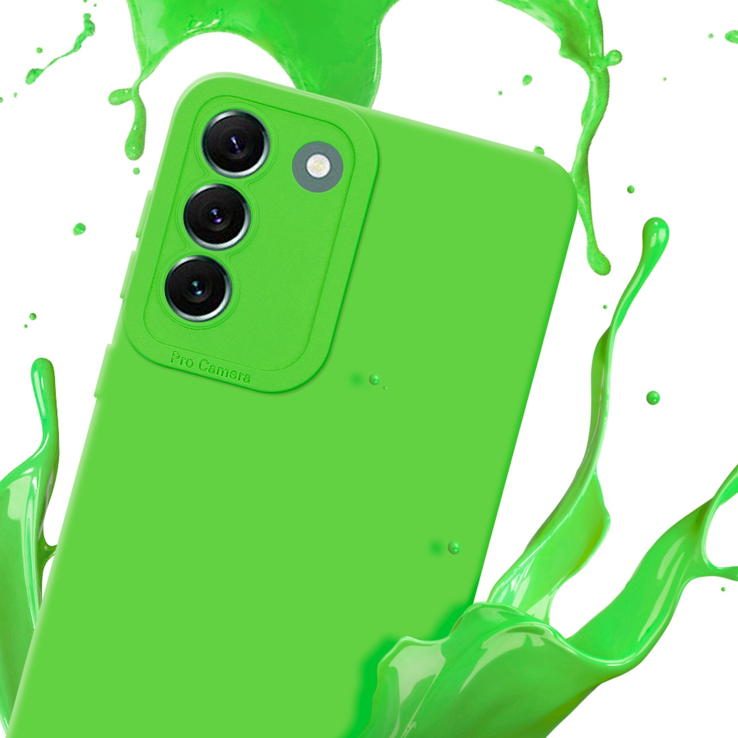 Custodia verde con telefono e fotocamera visibile. Sfondo con spruzzi verdi.