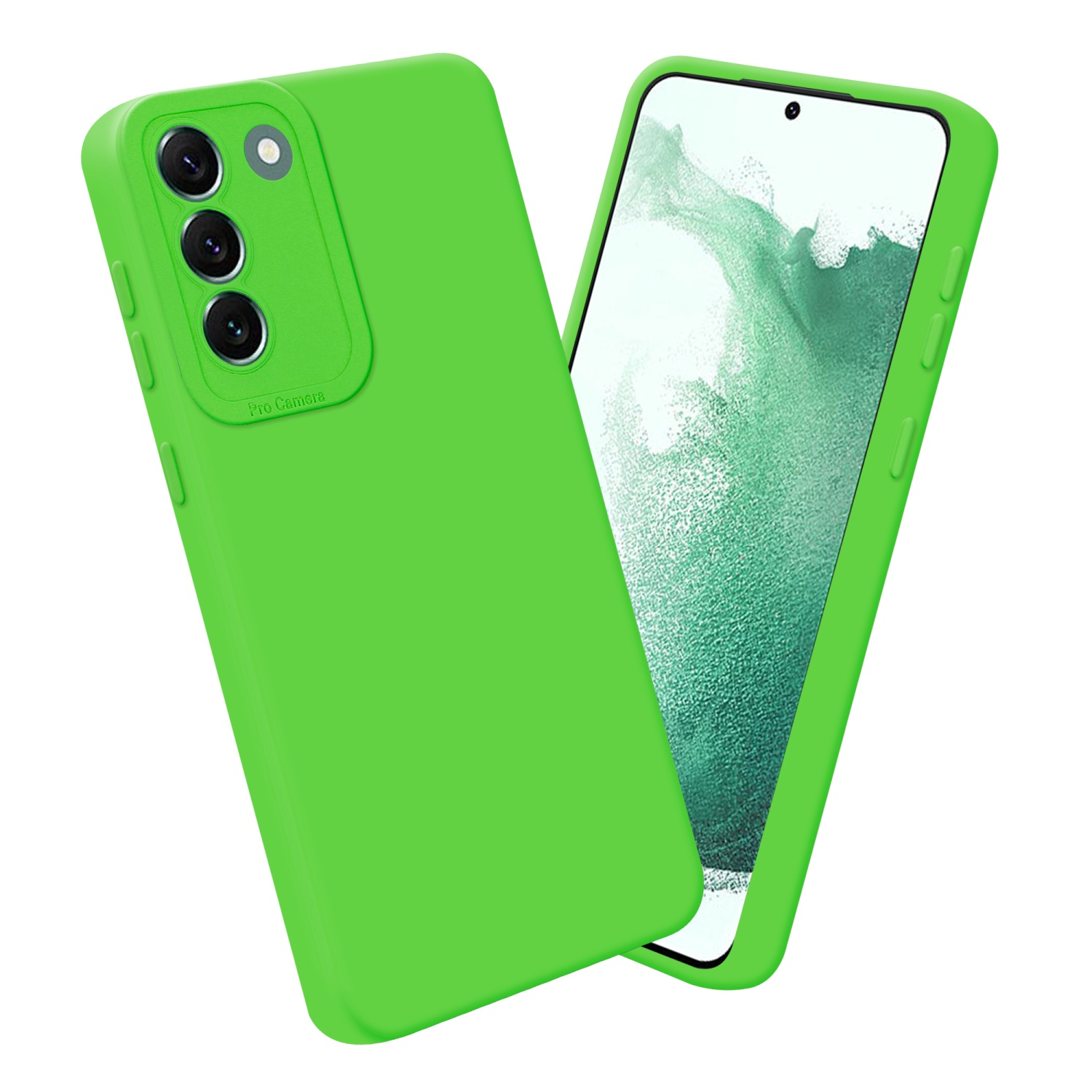Custodia per telefono verde con un telefono di lato, lo schermo del telefono è verde.