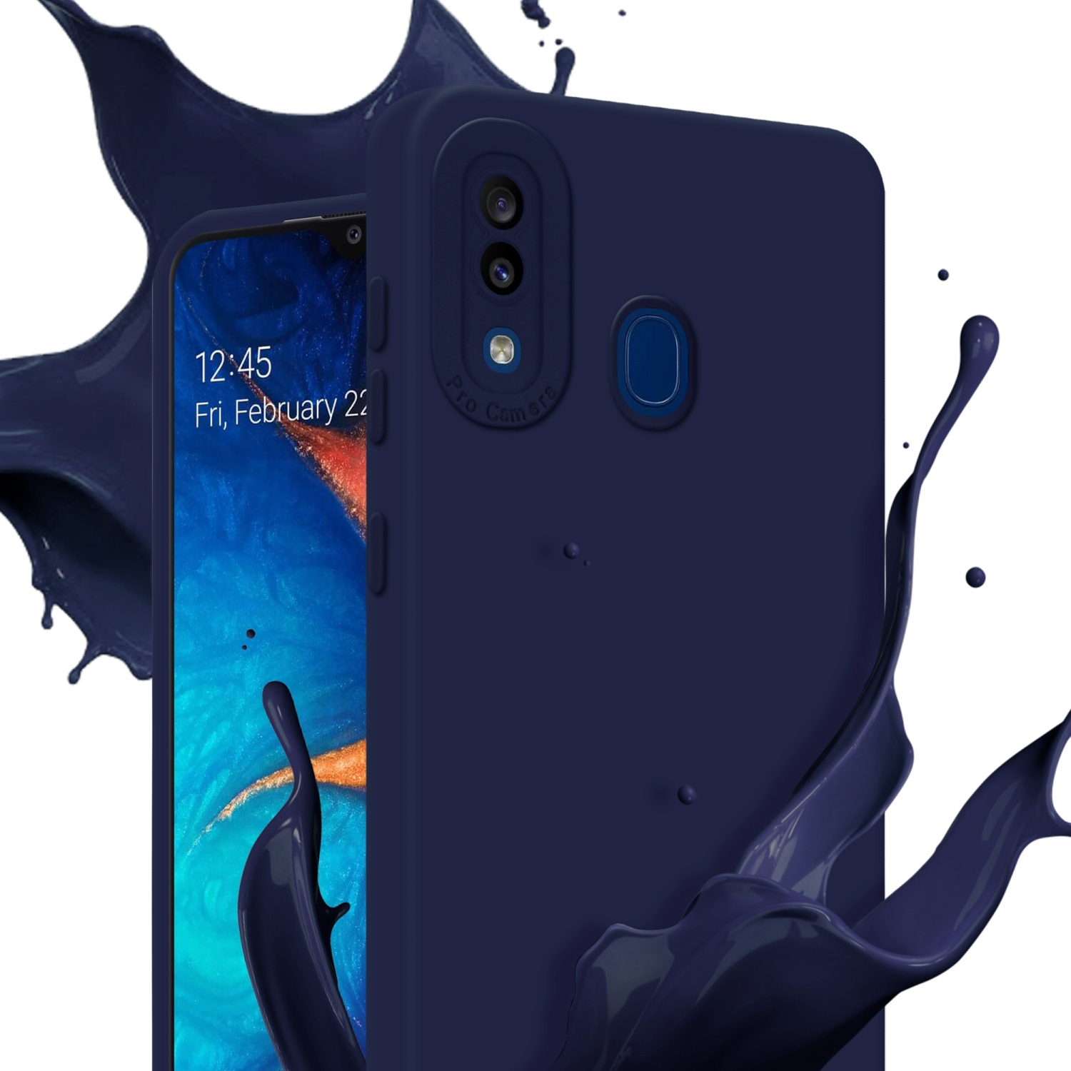 Custodia e telefono blu scuro, con schizzi di vernice. Il telefono mostra l'ora e la data.