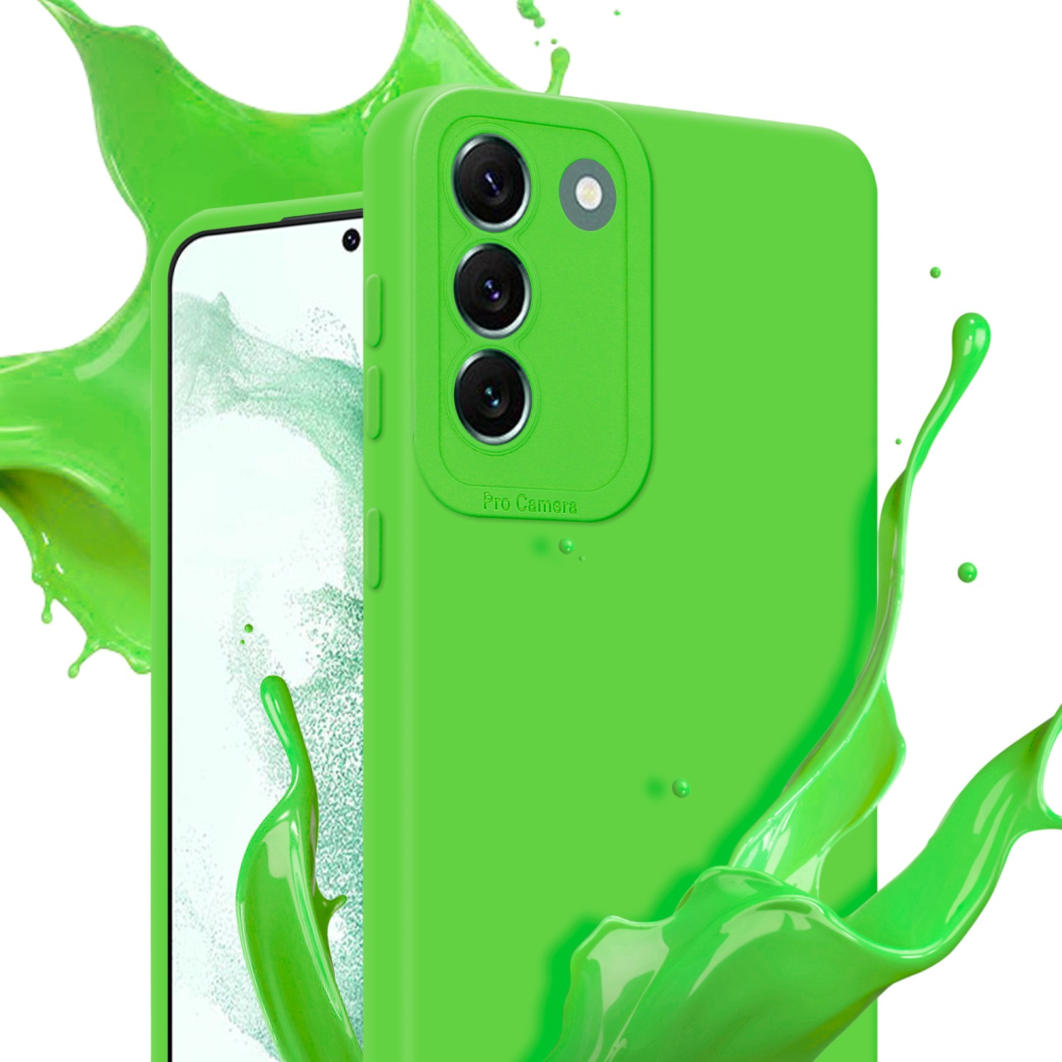 Una custodia per telefono verde con fotocamera, con spruzzi di vernice verde. Il telefono è a destra.